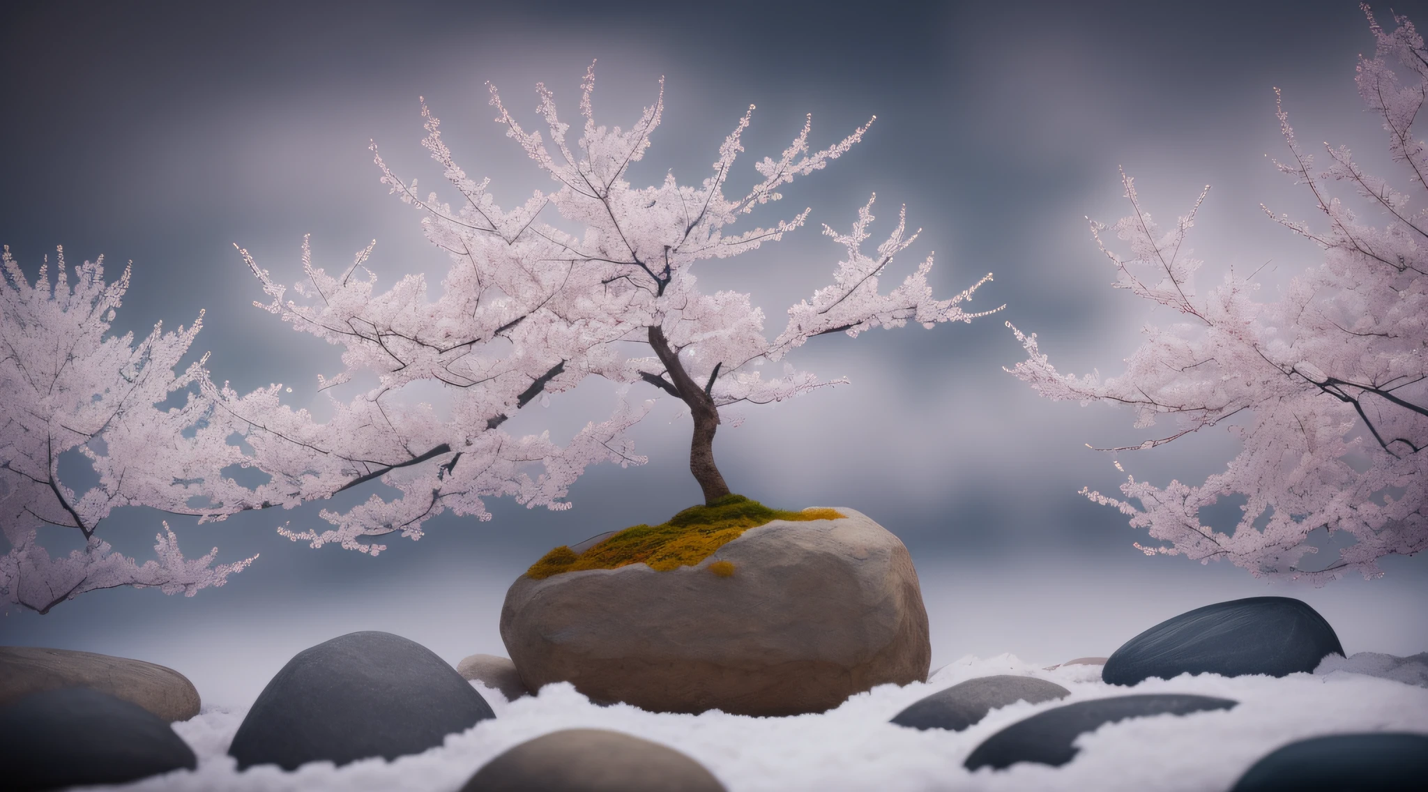 Plants, Snowflakes (Food Bar), Still Life, Winter, Peach Blossoms, Rock Garden, Bonsai Fog, Haze, Fine Details, Ultra Fine Details, Intricate Details, Film Style, Surrealist Soft Light, Studio Lighting, Diffuse Soft Light, Shallow Depth of Field, Sharp Focal Cluster, Ray Tracing, Subsurface Scattering, Ultra-detailed (Complex, Detailed, Ultra-Refined) Detail, Surrealism, black