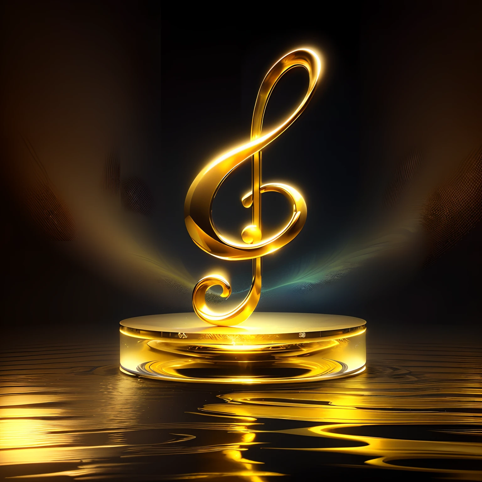 On the clear surface with water there is a golden treble, music, musical, liquid gold, depicted as a 3 d render, phonk music background, artist rendition, liquid sculpture, good music, winning artwork, musical note, Harmony isolated on white background, On a reflective gold plate, Album art, The god of music, Crystal base