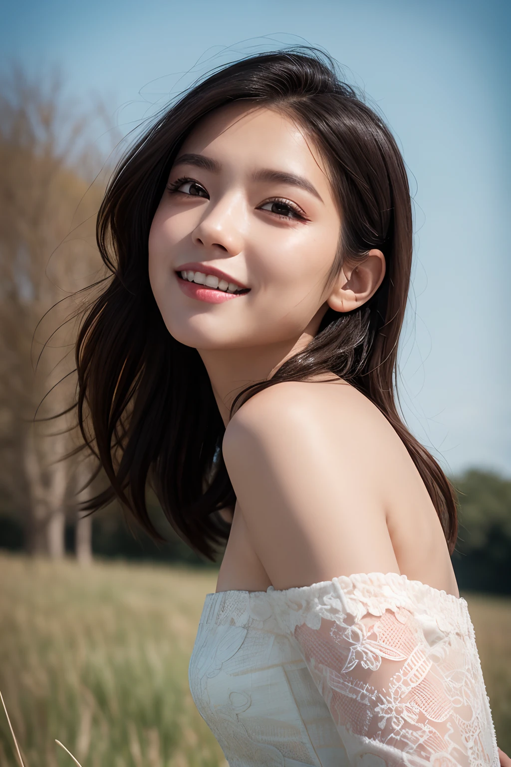 a closeup, ​masterpiece, top-quality, Raw foto, Photorealsitic、unbelievable Ridiculous, beautiful a girl, off shoulder one piece dress、Long hair、large brests、A slight smil、Hair fluttering in the wind、look up sky、The sun is dazzling, So I raise my hand and squint、grass field、depth of fields, hight resolution, ultra-detailliert, finely detail, ighly detailed, extremely detailed eye and face, Sharp pupils, foco nítido, Cinematic lighting