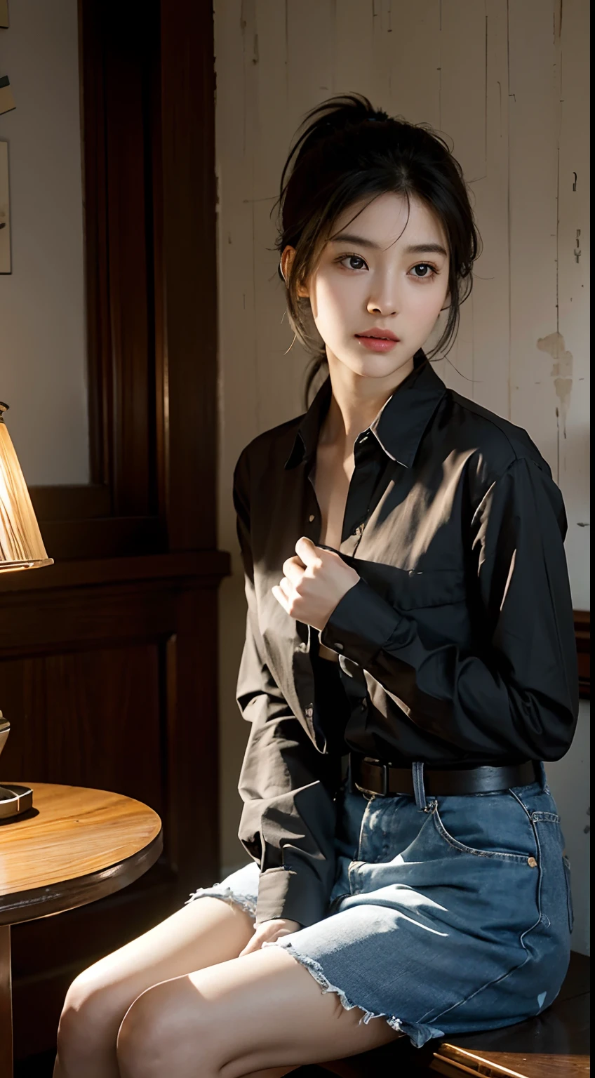 20 years old woman, Black hair, short ponytail, Thin frame, Thinking faces, (Wear an open-button shirt,Middle chest with division), Sitting, studying, break, Put your hands on the table,, Holding a pencil, The Book Unfolded, books, A glass of milk, Table Lamp, break, in living room, Wall decoration, Mini Library, Glass window, Wall Clock,break, Cinematic light, Photorealistic, Masterpiece, Best Quality, Complex CG, high detailed face, high detailed eyes,