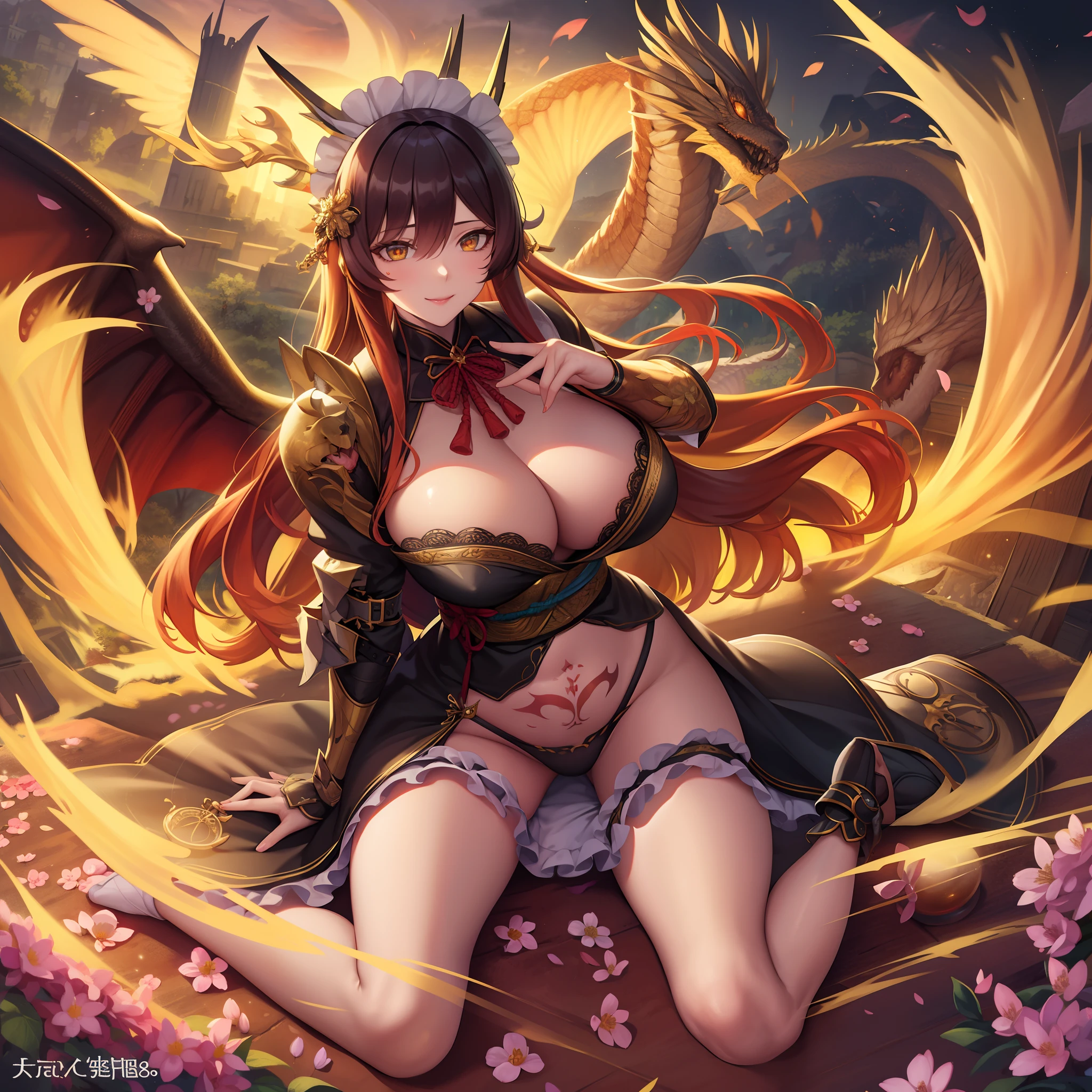 1girl in、nightcity、Sateen、Kimono without sleeves、A dark-haired、Holding a weapon with blood on it、Looking at the camera、Cherry blossoms are dancing,Unusually resistant、red blush、Looks distressed、Pleasant face、shrine maiden、valkyrie、Angel wings、a navel、sideboob barbosa、with an intricate、Particles of light、thighs thighs thighs thighs、shinny skin、Perfect litthing、1girl in、looking at the viewers、Winged headgear、pelvis curtain、A smile、(masterpiece)、(top-quality)、Very gigantic-breasts、maternal、Porcelain Skin、Very long hair、hair wavy、Royal sister,femele,A queen,putting on a crown,There are a lot of golden lightning around,sitting in a throne,Bangs cover the eyes,Black Suspender Socks,Black Lace Top,,High jump,Grab Erlang's leg,,Black Silk Top,married woman,mothers,domineering,smil,The corners of the mouth are raised,Red and gold eyes,Black silk erotic underwear,Black top,Black Silk Gloves,I have a gorse tattoo on my chest and thigh,There are many golden dragon scales on the arms,There are many golden dragon scales on the neck,Bright eye,dragon eyes,Snake's Eye,Upright pupils,There are golden stripes on the clothes,There is a golden pattern on the clothes,The socks have a golden pattern,tall figure,Expose the outside of the chest,Twisted blade hanging over the shoulder,Larger breasts ,With elongated dragon horns,Giant Golden Dragon Wings,Giant Golden Dragon Wings,Huge golden dragon wings as big as a body,The body is covered with huge golden dragon wings,golden pupils,Just a pair of wings,large wings,The biggest dragon wings,The biggest dragon wings,There are golden scales on the neck,Fingers are golden dragon claws,The elongated tail of the golden dragon、1girl in、nightcity、Sateen、Kimono without sleeves、A dark-haired、Holding a weapon with blood on it、Looking at the camera、Cherry blossoms are dancing,Strong best quality, (Extremely detailed: 1.5), masutepiece, 超A high resolution,(photographrealistic:1.4), 1 beautiful girl, Cowboy Shot, (Wear battle armor:1.4), (Wear battle ar