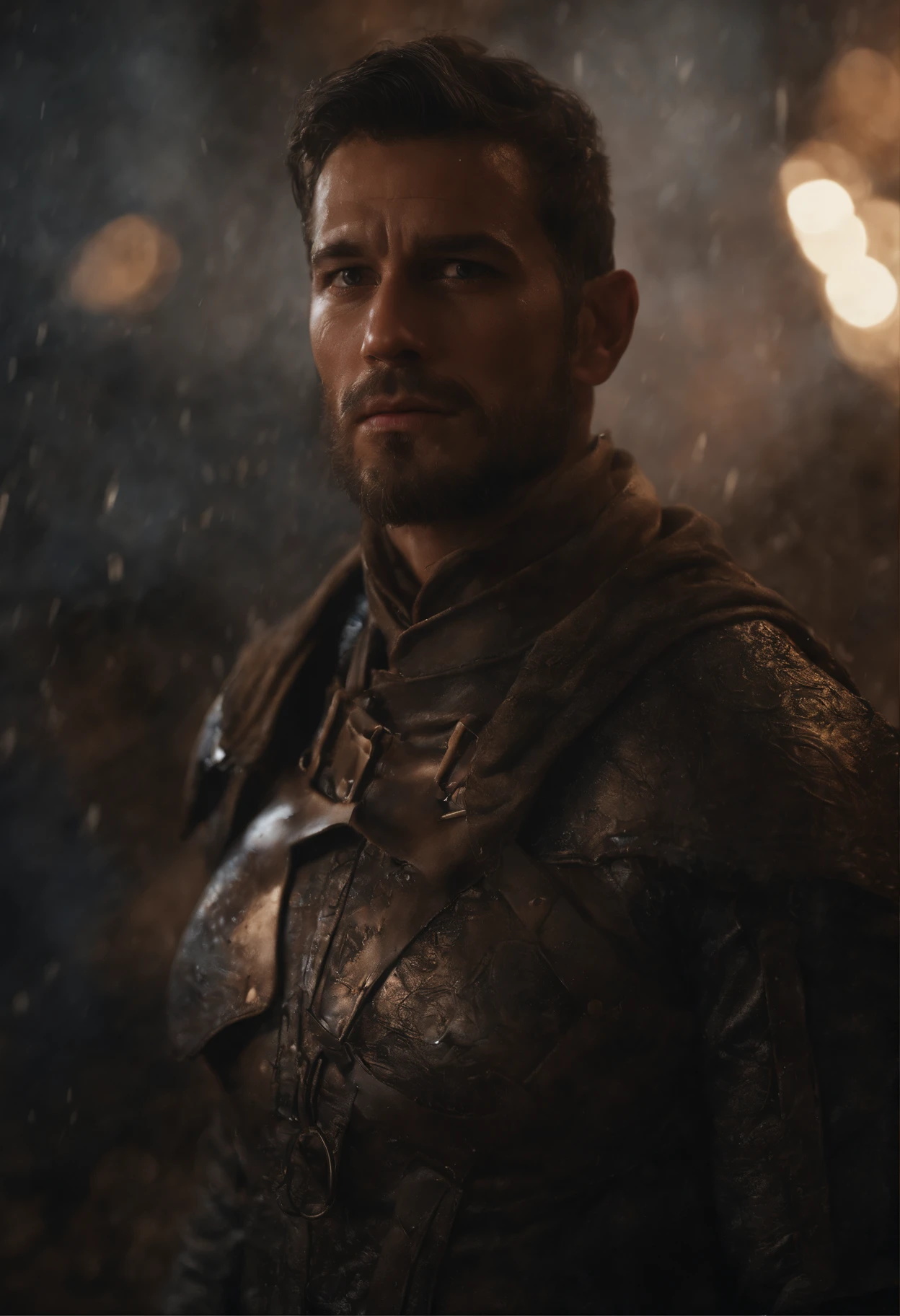 (Professional 3D rendering:1.3) de (Realistic:1.3) Foto de arte mais bonita do mundo,Features soft, bright male heroes, ((Epic Modern futuristic hero fantasy muscular man rough hero angry look messy hair short beard and fierce expression in dynamic pose, fantastic location, majestoso ambiente desordenado)), corpo inteiro 8k unidade render, action shot, poros da pele, Dark lighting, sombreamento pesado, circunstanciado, Rosto detalhado, (vibrante, fotogrdeia realista, Realistic, Dramatic, Escuro, foco nítido, 8k), (Old leather clothes damaged by bad weather:1.4), ((((Use peles)))), (intrincado:1.4), decadente, (altamente detalhado:1.4), pintura digital, rendering by octane, art stations, Conceito-Arte, liso, foco nítido, illustration, germe da arte, (Loish:0.23), Wlop Ilya Kuvshinov, e Greg Rutkowski e Alphonse Mucha, (global ilumination, studiolight, Light Volumetric), chuva forte, floating particles, patife, fantasia, Onze, corpo inteiroesbian, ((Fundo escuro e antigo da cidade:1.3)),CGSesociedade,art stations