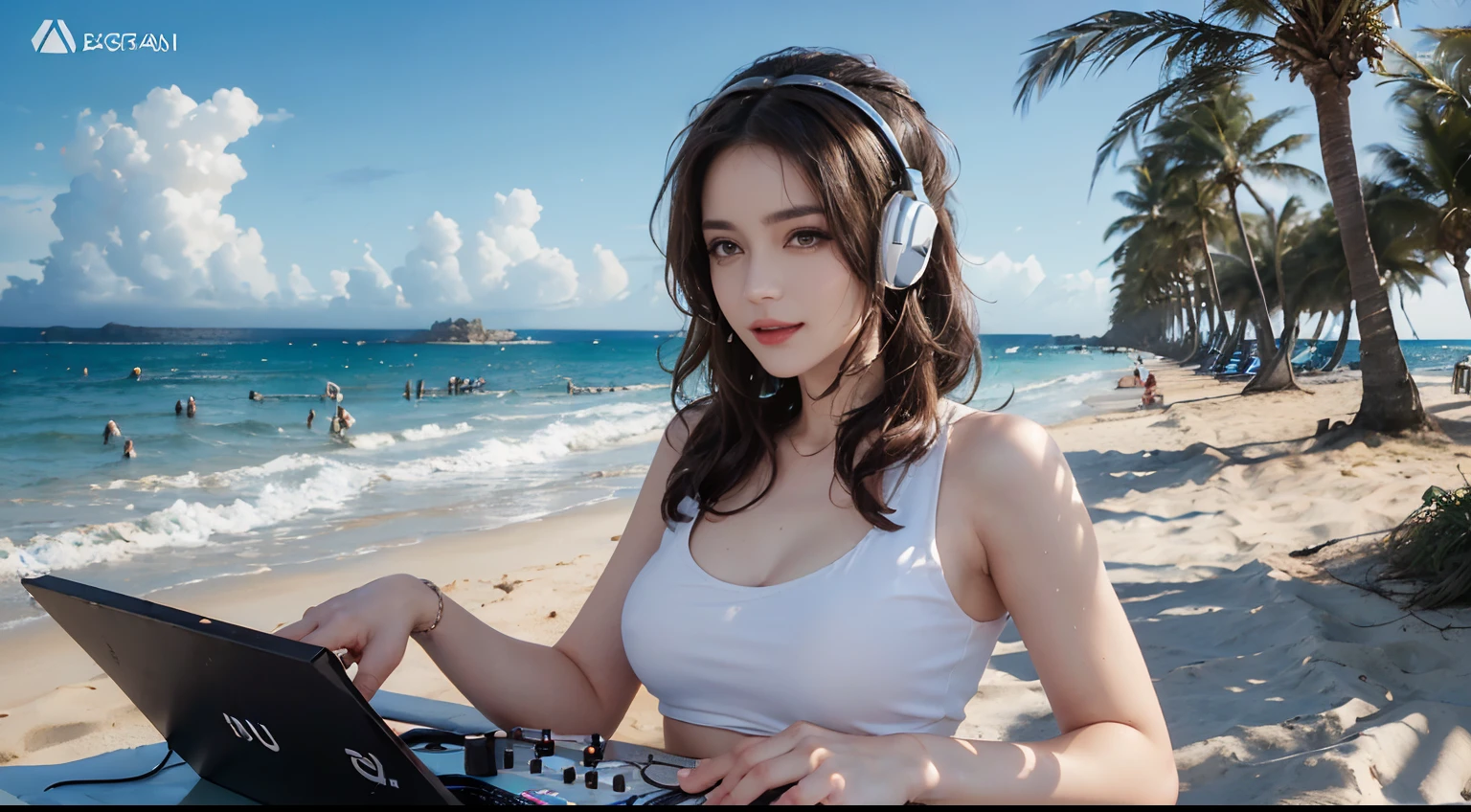 ((best qualtiy, 8K, tmasterpiece:1.3)), edgy:1.2, A beautiful woman with a perfect body:1.4, Slim Abs:1.2, ((Layered hairstyle, tits huge:1.5)), (Athens,the street:1.2),saturated:1.5,Highly detailed facial and skin texture,A detailed eye,Double eyelidd,Look at the camera sideways,open shirt,navels,exposed navel,Cover your chest with your hands,hands on breasts, Sunny weather, seaside, waves, palm tree, White tank top and ripped shorts, seaside, waves, palm tree, seaside, waves, palm tree, seaside, waves, palm tree, seaside, waves, palm tree,(Wear large headphones for DJs), (Woman manipulating DJ mix equipment), (Laugh happily)