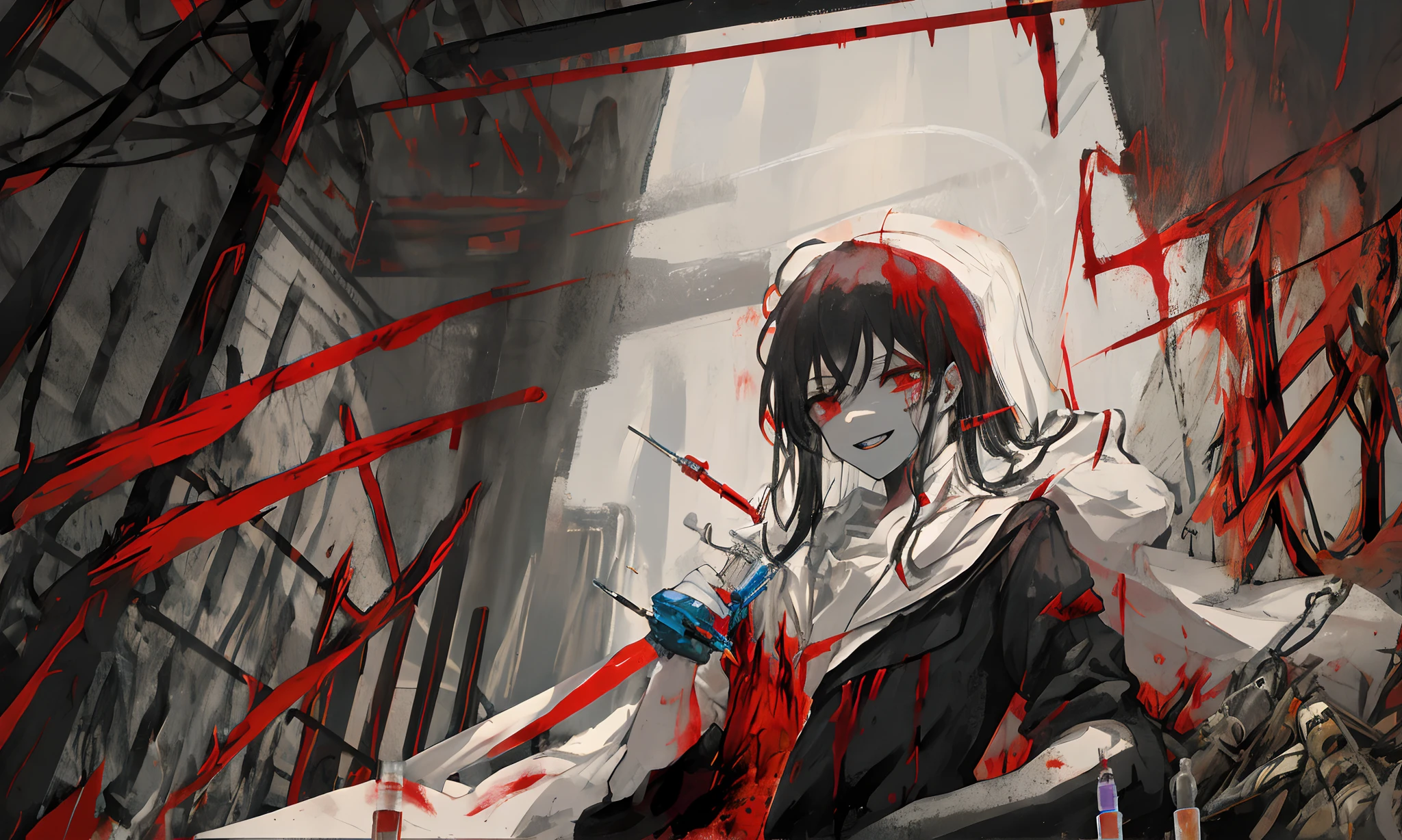 Long white hair,Red eyes,schoolboy,blood stain,Hold the syringe in your hand,Doctor clothing,The psychopath smiles,mechanicalparts, Failure effect, horor, background inside dark, hyper realisitc, eerie, unnerving, spine-chilling, horor