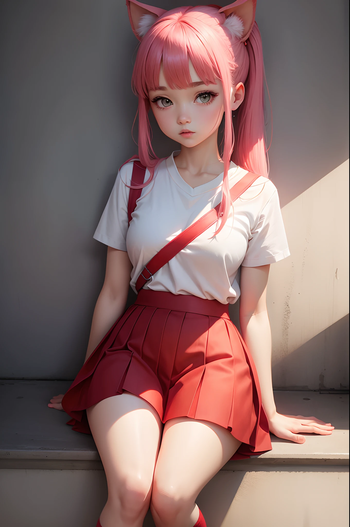 Photorealsitic、Background of Edo Town、hight resolution、独奏、front facing、14-year-old beauty with beautiful face、The eyes are pink and hanging、She has long pink hair in a ponytail tied with a yellow ribbon、Wearing a white short-sleeved shirt under a red dress、Touching the buttocks with both hands、Wearing a long red skirt with a slit、SQUATTING on the ground、itting open legs、White underwear is visible、Pubic area visible、Looking at the camera、Embarrassed look