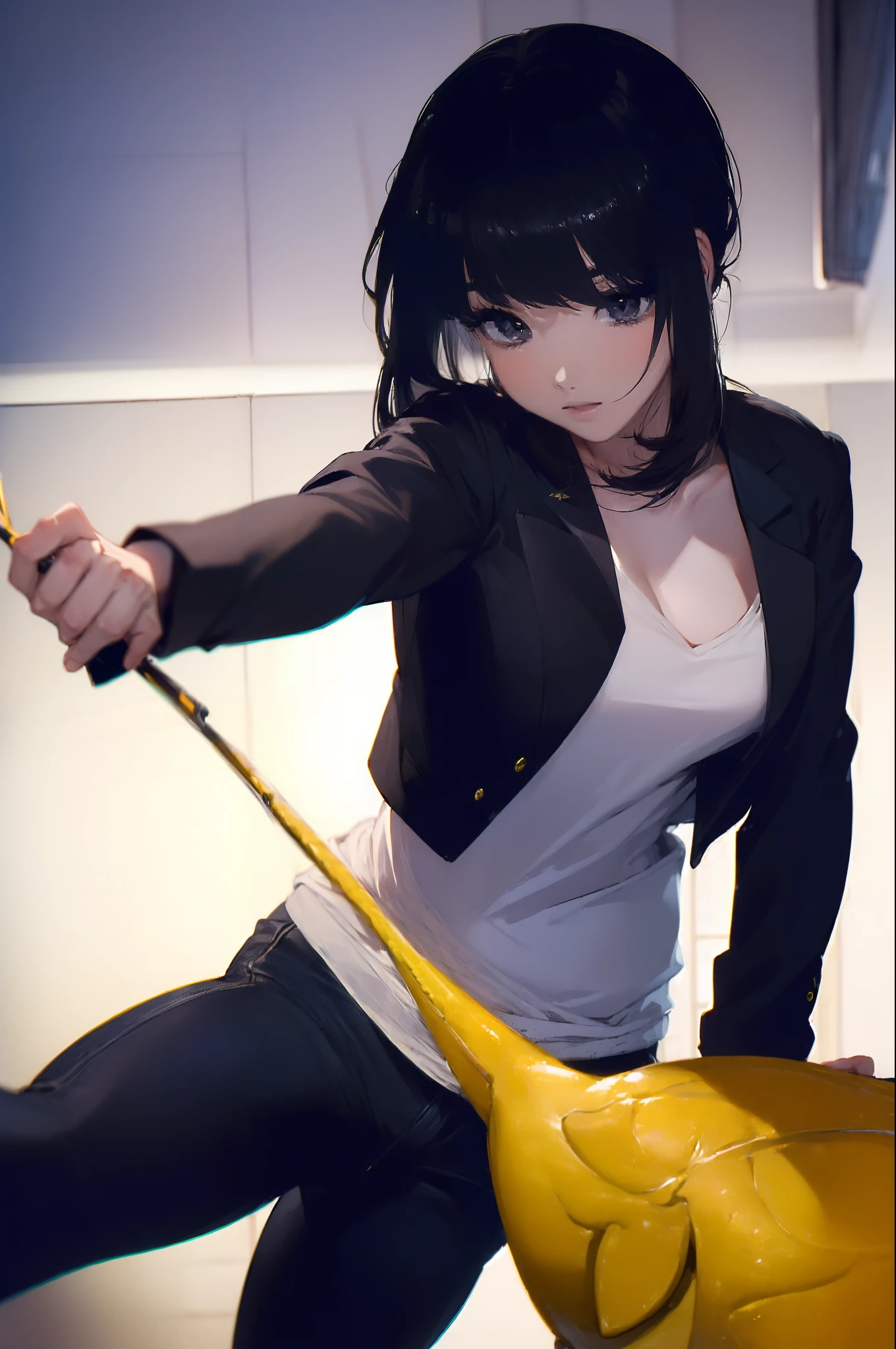 ((((catching a big fish:1.5)))),((Female 28 years old)),((Best Quality:1.5)),(((Hands with the correct number and structure of fingers:1.4))),((lakeside:1.37)),hight resolution,ultra-detailliert,masterpiece,best qualtiy,(Eight-headed body),Black hair, long eyeslashes, Solid Circle Eyes, drop shadow, Atmospheric perspective,Super Detail, ccurate, small brest,(Black jacket and black jeans :1.1),top-quality, blurry backround, bokeh dof:1.2, (masterpiece:1.3), Atmospheric perspective,Super Detail,dynamic compositions, Ultra High Quality,