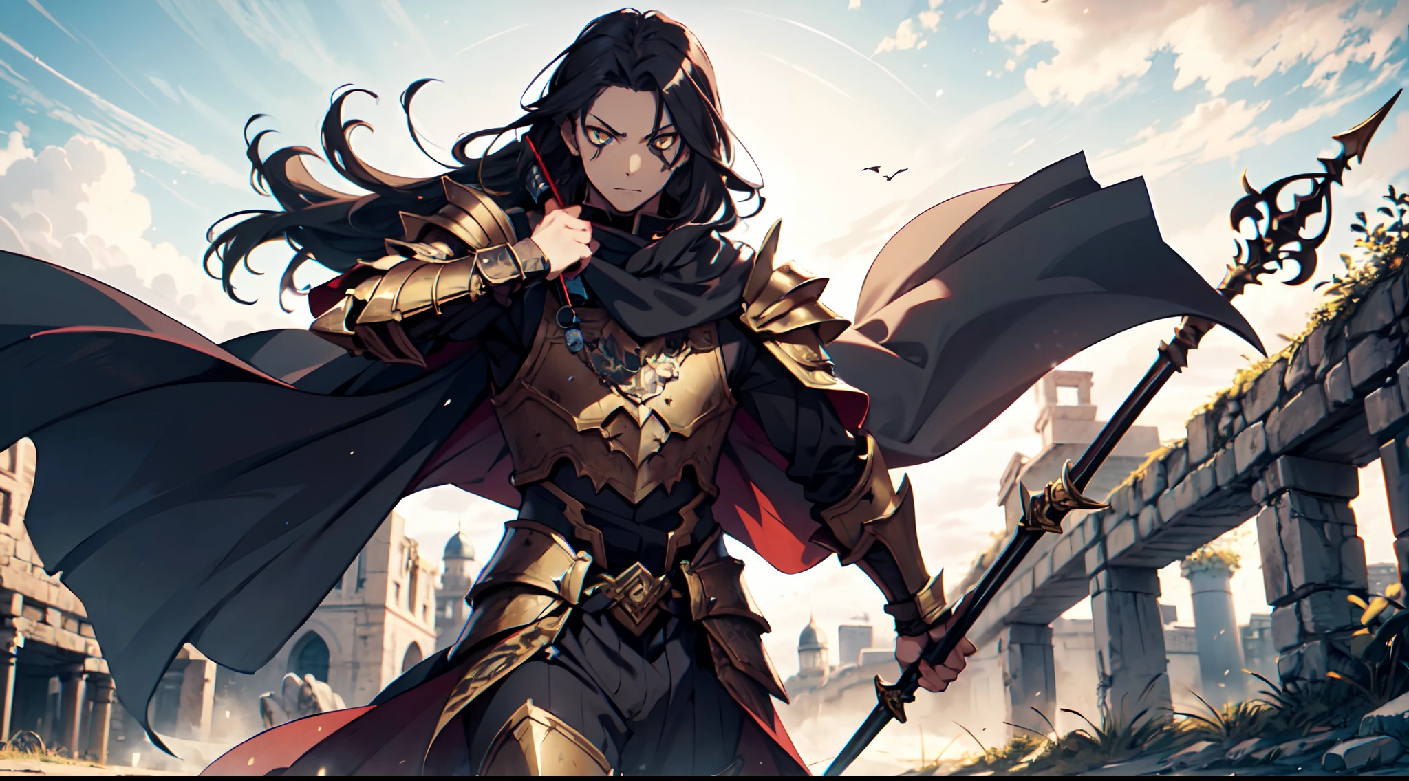 1 Boy, Xin From Kingdom Anime, Armored With Pure Black Warlord Armor With A Cape, Ultra High Definition, 8k, Handsome, Black And Yellow Pupil Eyes, Long White Hair, Ancient Kingdom Background, Extremely Detailed, Holding A Long Spear, Body To Leg Body Shot,