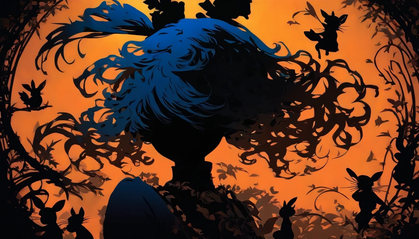 (Silhouette Art,cutouts:1.6)
(((Paper cutting art,A world where only black exists:1.3)
(Cowboy Shot),1 girl,Solo,
(Rabbit-eared girl,profile:1.2),white, Clear and beautiful face,15 Nights、lapin、Mochi
break
(Light blue moon)
Textured glass background,Arcana World