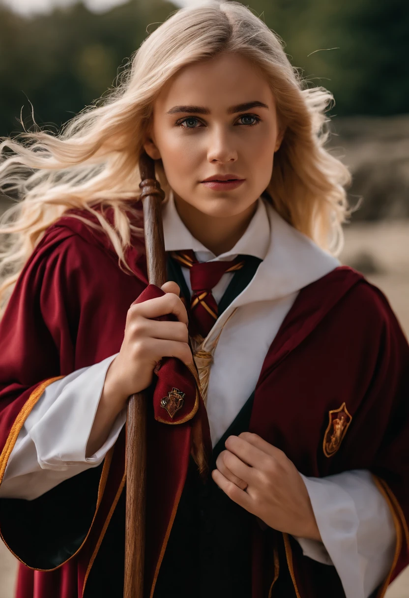 Her face showed a sense of determination and justice,Her sharp eyes reflect her unwavering determination and compassion for others, Her blonde hair poured down in sweet waves,Set off her face elegantly,Arad woman in Harry Potter robes holding wands, wearing hogwart,Robes, wearing black wizard robes, wearing wizard robes, Gryffindor, Magical school student uniform, magic school uniform, magic uniform university, academic clothing, wearing robes and neckties, Wizard robes, hogwarts style, wearing red sorcerer's robes, High quality clothing,medium shot