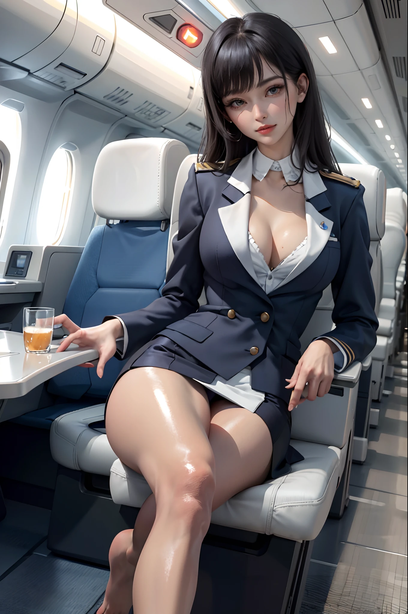 (masterpiece:1.2, best quality), 1lady, solo, Flight attendant, tight Uniform, perfect hands, Airplane, Serving passengers, Providing safety instructions, Responding to emergencies, bangs, (shiny skin:1.15),