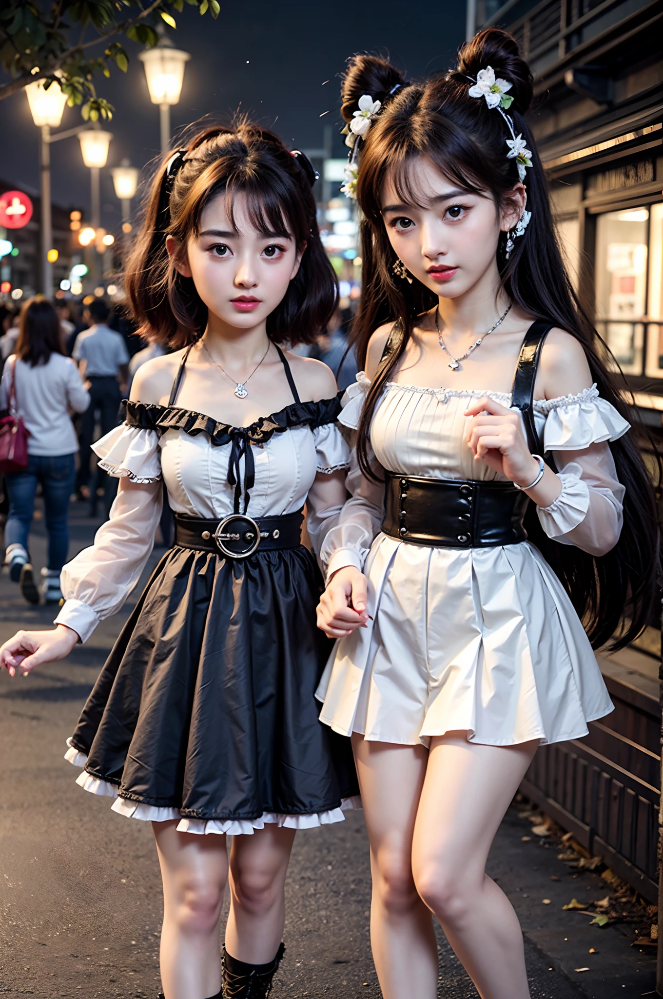 Best quality, Masterpiece, Extremely detailed, high resolution, 4K, 超高分辨率, Detailed shadows, Perfect light and shadow,duo, Two girls in fashionable clothes take selfies on the street, fantasy world,colorful pigtail, anime cosplaying, Anime style mixed with Fujifilm, Cute, big laughter, , Sexy,(Alebriès Art Style),PureErosFace_V1,Urzang-6500-V1 version.1,fantasyoutfit,The princess's eyes were round,Dream necklace,Fantastic ribbons,Dream rings,Fantastic jewelry,Fantastic hair accessory,Dream belt,Studio light,