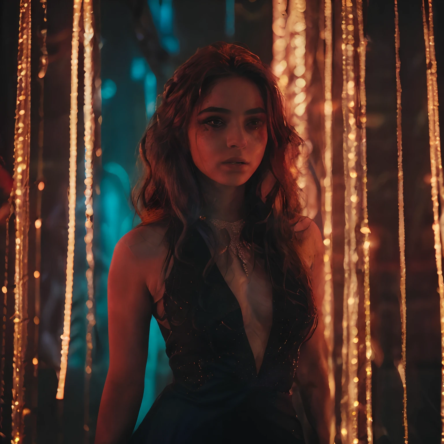 Arafed mujer con un vestido negro de pie frente a una cortina de luces, red and cinematic lighting, inspirado por Elsa Bleda, 8k sensual lighting, cinematic goddess shot, Retrato disparado 8K, moody cinematic lighting, por Seb McKinnon, Extremely changeable lighting, por Andrée Ruellan, por Sebastian Vrancx, por Matt Cavotta