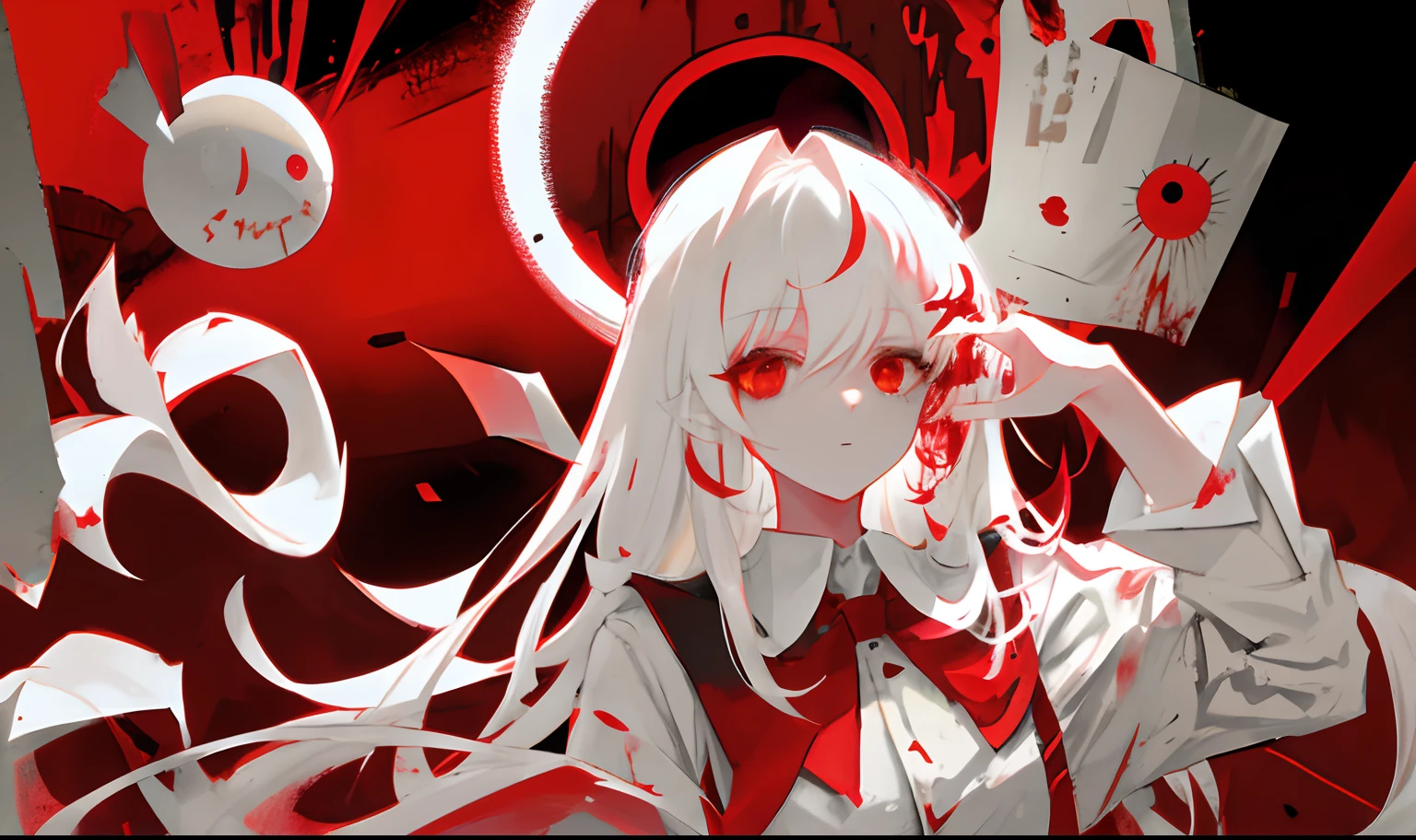 Long white hair,Red eyes,Boy student,blood stain,severed heads,Vignetting