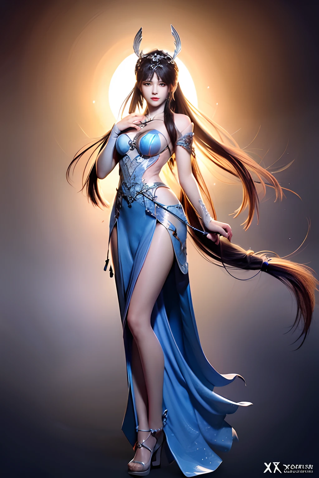 Portrait of a woman in a silver blue dress, Cheng Weipan Art Station, Xiuxian Technology Sense, Detailed Fantasy Art, Stunning Character Art, Epic Exquisite Character Art, Beautiful Armor, Extremely Detailed Art Budding, Detailed Digital Animation Art, Art Station Pixiv on Artgerm, Armor Girl, nakex, naked, naked, Exquisite Intricate Headdress and Jewelry, biggest breasts, milk treat, round tits,  visibile see through dress, transparent dress,see-through, full body shot side buttocks shot, half breast visible