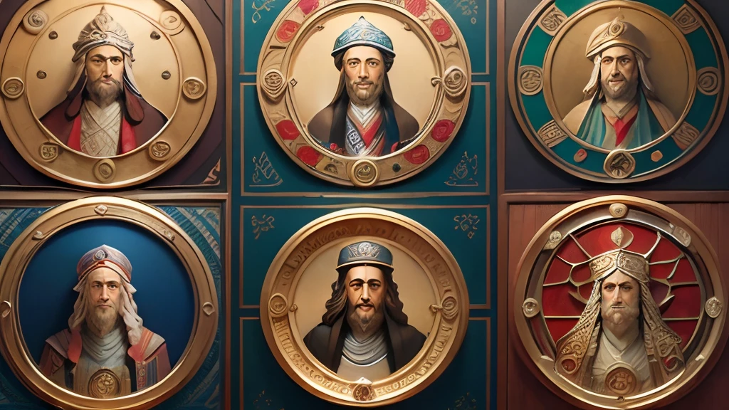 Um mosaico de figuras proeminentes da filosofia judaica, como Hilel, Shammai e Filo de Alexandria, with symbols of ethics and wisdom.