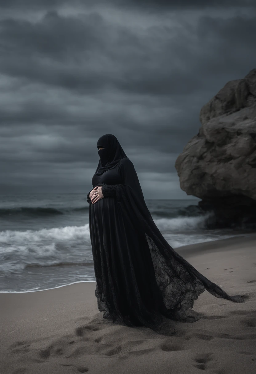9 woman, wearing hijab, tight clothes, full body, 8k, high resolution, on the beach, surrounded by pregnant women wearing hijabs, legs exposed.