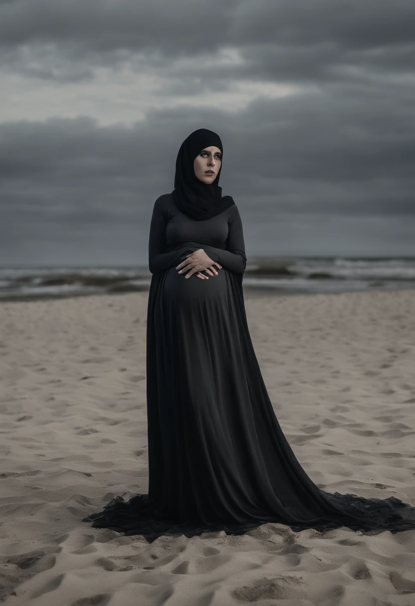 9 months pregnant woman, wearing hijab, tight clothes, full body, 8k, high resolution, ultrasharp, masterpiece, hand holding belly and breast, on the beach, surrounded by pregnant women wearing hijabs, big breast and big pregnant belly, without masker on mouth and look at me.