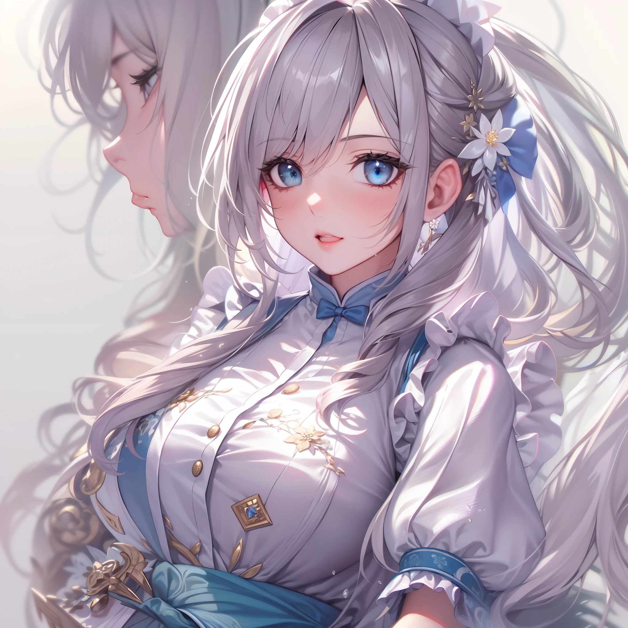 Close-up photos, Confident young beautiful adult woman with blonde hair and white hair in ponytail, Maid in black and white ruffled clothes, で, Photorealistic, Cinematic lighting"((1 girl in)、(Long grey hair+silber hair:1.2)、(Lori+Beautiful clothes)、Perfectly beautiful、robe blanche、Goddess Pixiv、seductiv)、(Dynamic table pose)、(cute little)、(The background is unknown)、hight resolution。」(((1个Giant Breast Girl)),Ray traching,(dim murky lights),[detailedbackground(Bedrooms)),((Silvery hair)),((Silvery hair)),(((((Fluffy silver hair,plump and slender girl))Wears a high ponytail)))Avoid golden eyes in the ominous bedroom((((The girl wears a short white skirt and light-colored stockings)There are also white ruffled bow gloves),It shows a delicate and slender figure and beautiful curves,Correct limbs,Lie down in bed,Best quality in 4K, (Extremely detailed: 1.5), masutepiece, 超A high resolution,(photographrealistic:1.4), 1 ADLT Women, Cowboy Shot, (Wear battle armor:1.6), (Blue kimono with floral pattern:1.6), (maid:1.6), Blue Maid Microskirt, Holding a spear, Cheerful, Blue hair, (bob cuts:1.2), Curly hair, (Big eyes:1.1), (Raw feet:1.3),Big breasts, Wind, Dynamic Angle, Dynamic Pose, cloaks(Original Character、Unity 16K Wallpaper, masutepiece, Best Quality, Ultra-detailed, extremely details CG, Caustics, Cinematic lighting, Detailed, Beautiful detailed eyes, Solo,Sexy Women), Ultra High Resolution, Fine skin, (maid, maid apronl, Maid headdress,Black Maid Skirt), (strong lights)、Oily skin,curby:1.2,huge-breasted,mansion、(Cowboy Shot、above breasts),Focus chest,Armpits、(Original Character、Unity 16K Wallpaper, masutepiece, Best Quality, Ultra-detailed, extremely details CG, Caustics, Cinematic lighting, Detailed, Beautiful detailed eyes, Solo,Sexy Women), Ultra High Resolution, Fine skin, (maid, maid apronl, Maid headdress,Black Maid Skirt), (strong lights)、Oily skin,curby:1.2,huge-breasted,mansion、(Cowboy Shot、above breasts),Focus chest,Armpit 1 girl、nightcity、Sateen、Kimono wi