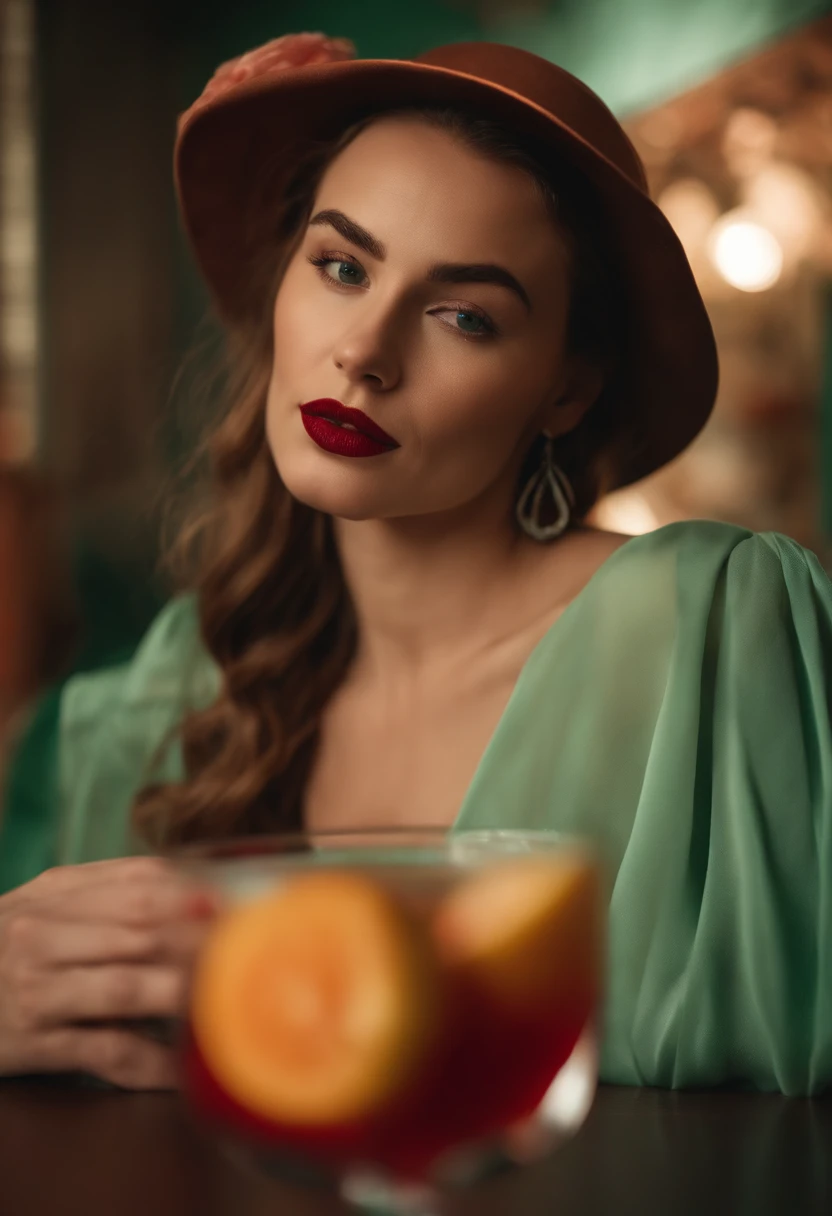 a young woman ,fruit and cocktail, in the style of light red and light emerald, humorous imagery, wimmelbilder, close up,no hands,upper body