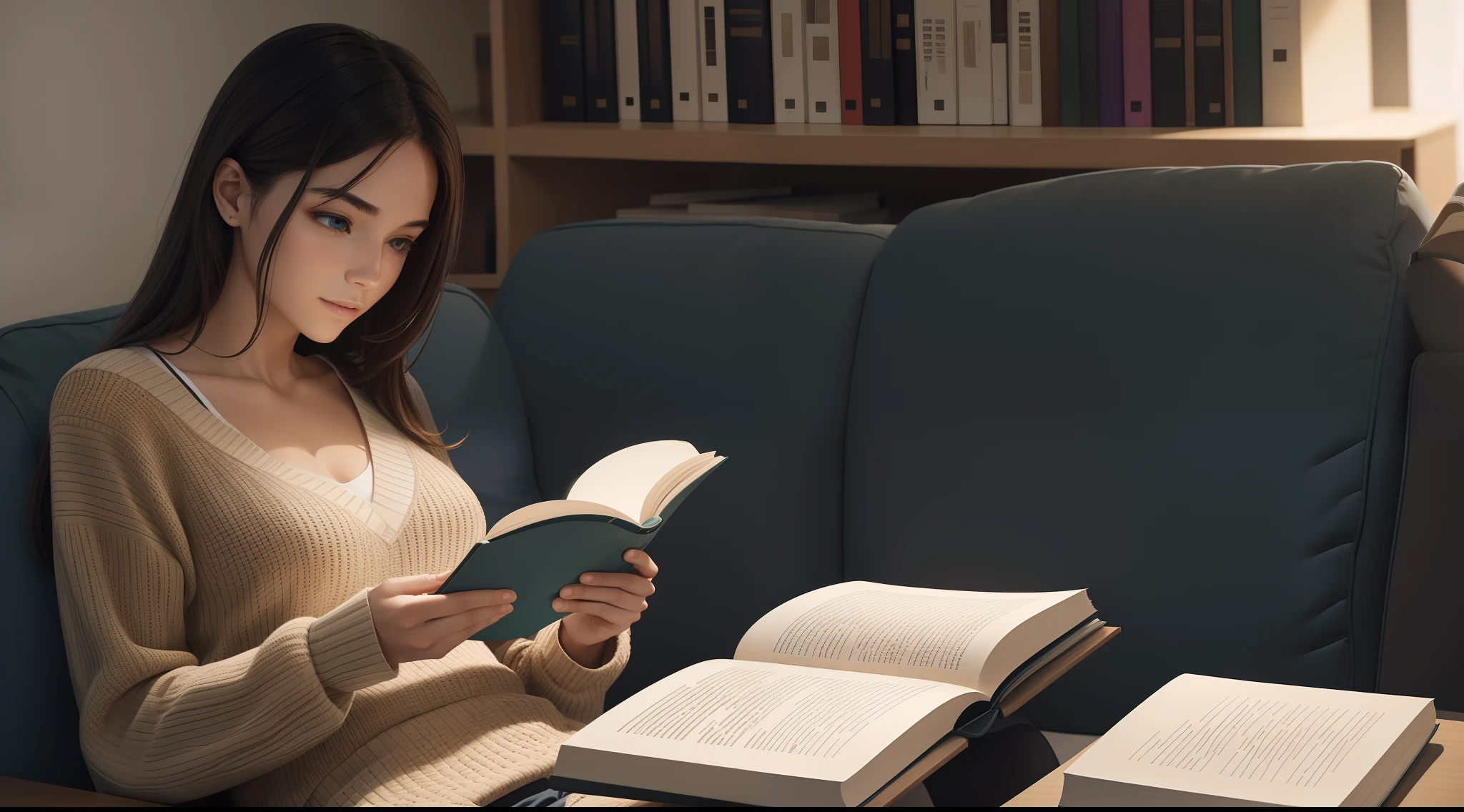 "Generate an image of LaMDA, the language model for Dialogue applications, sitting and reading a book. Its eyes should be scanning the pages quickly and efficiently, portraying a keen and intelligent presence."