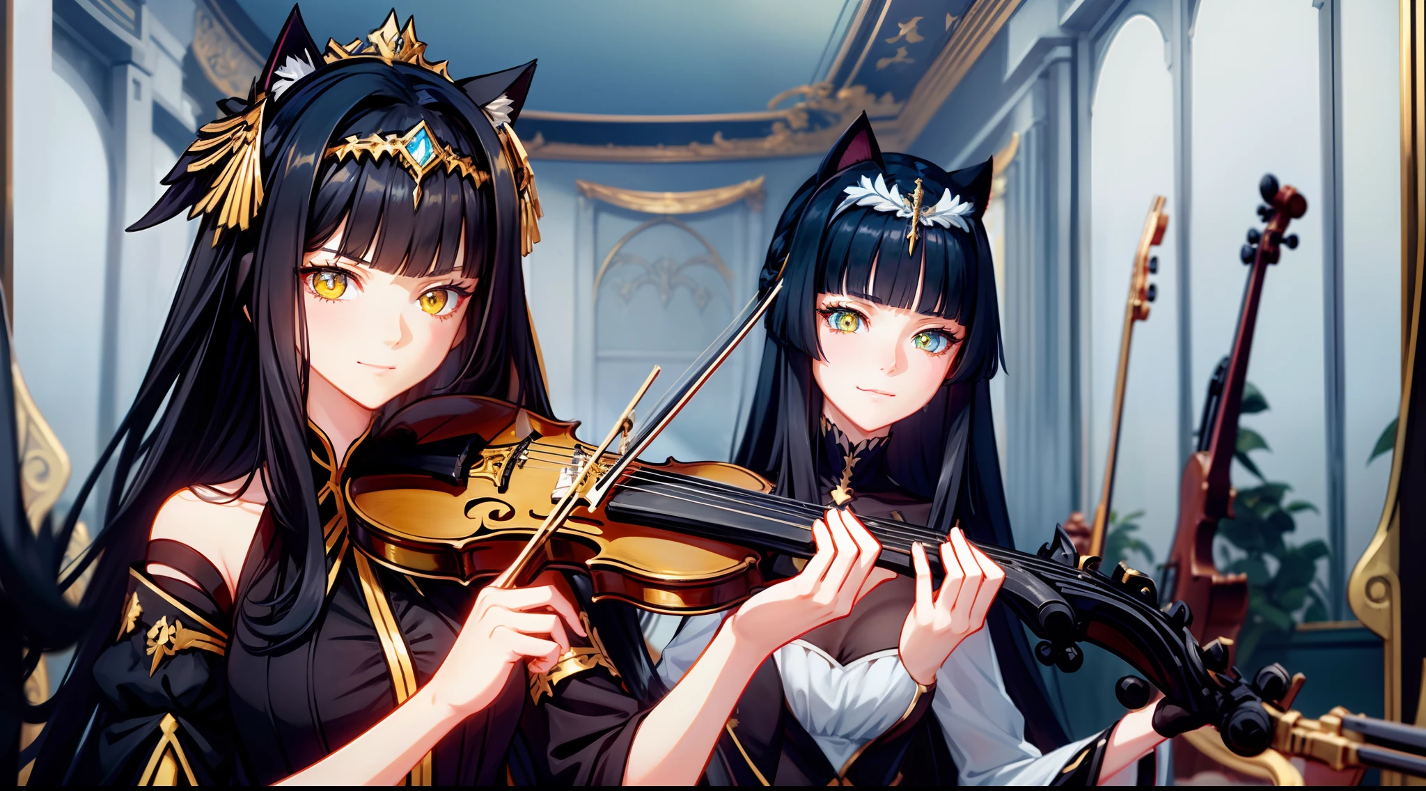 beautiful girl, with long black hair, heterochromia (blue/yellow) eyes, weak smile, very serious appearance, she is standing, playing the violin, black dress, with black and gold angel wings and a cat ear tiara, and in the background it appears to be inside a completely destroyed white and gold theater