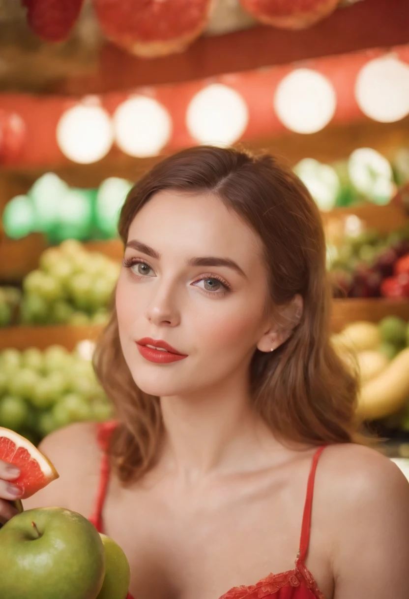 a young woman ,fruit and cocktail, in the style of light red and light emerald, humorous imagery, wimmelbilder, close up,no hands,upper body