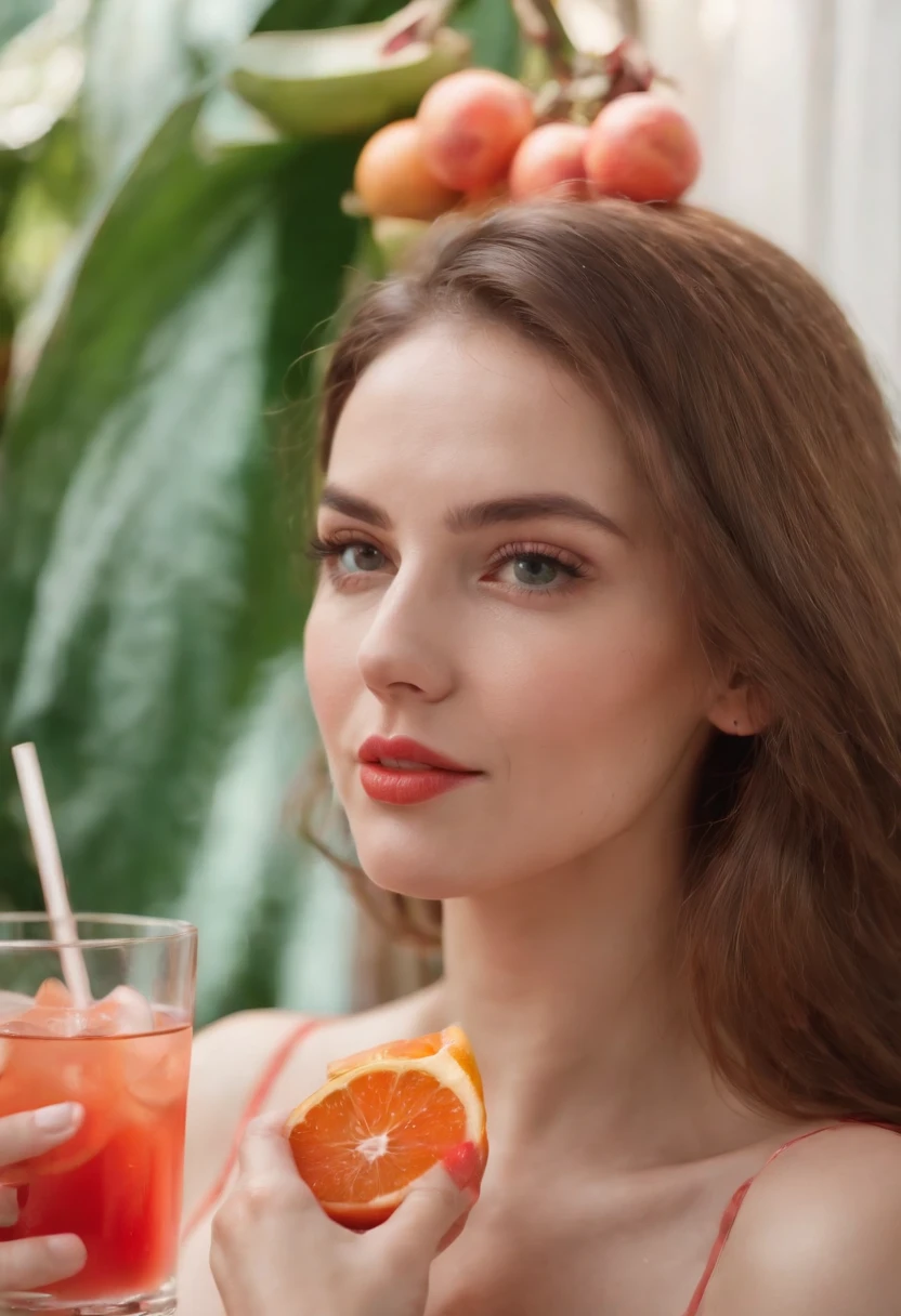 a young woman ,fruit and cocktail, in the style of light red and light emerald, humorous imagery, wimmelbilder, close up,no hands,upper body