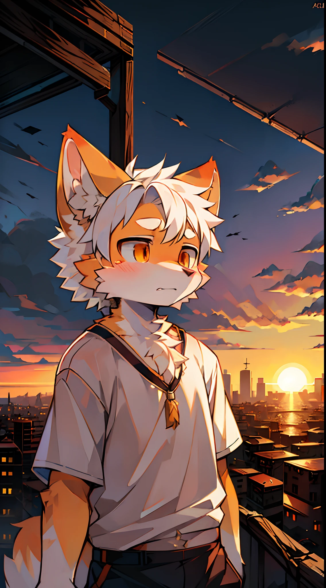 furry,fur,body fur,solo,male,(Sad face),((sunrise,horizon,abandon city far away)),short sleeves,character focus,face focus,white shirt,white hair, orange fur,orange eyes,BREAK,aoeu