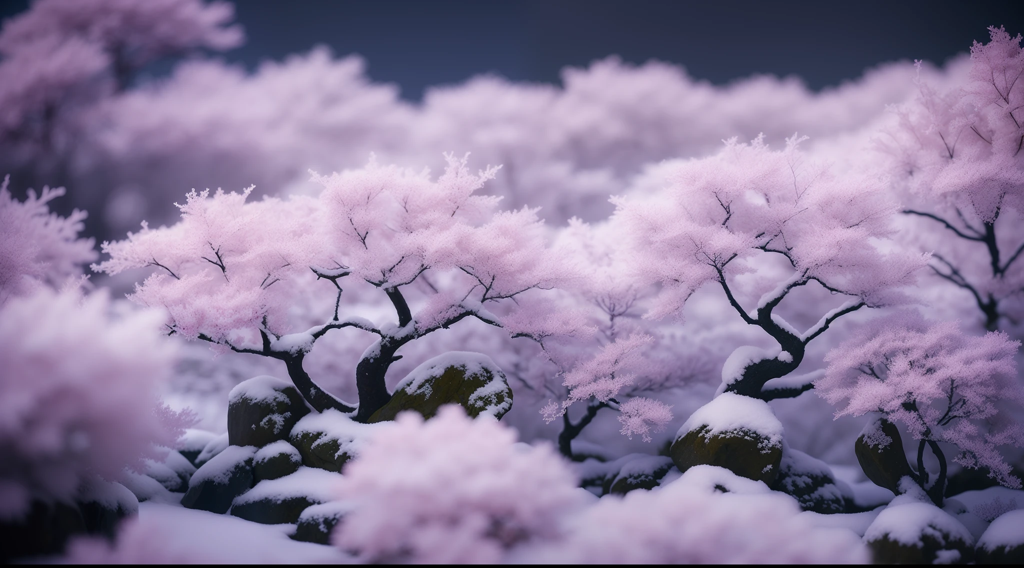 Plants, Snowflakes (Food Bar), Still Life, Winter, Peach Blossoms, Rock Garden, Bonsai Fog, Haze, Fine Details, Ultra Fine Details, Intricate Details, Film Style, Surrealist Soft Light, Studio Lighting, Diffuse Soft Light, Shallow Depth of Field, Sharp Focal Cluster, Ray Tracing, Subsurface Scattering, Ultra-detailed (Complex, Detailed, Ultra-Refined) Detail, Surrealism, black