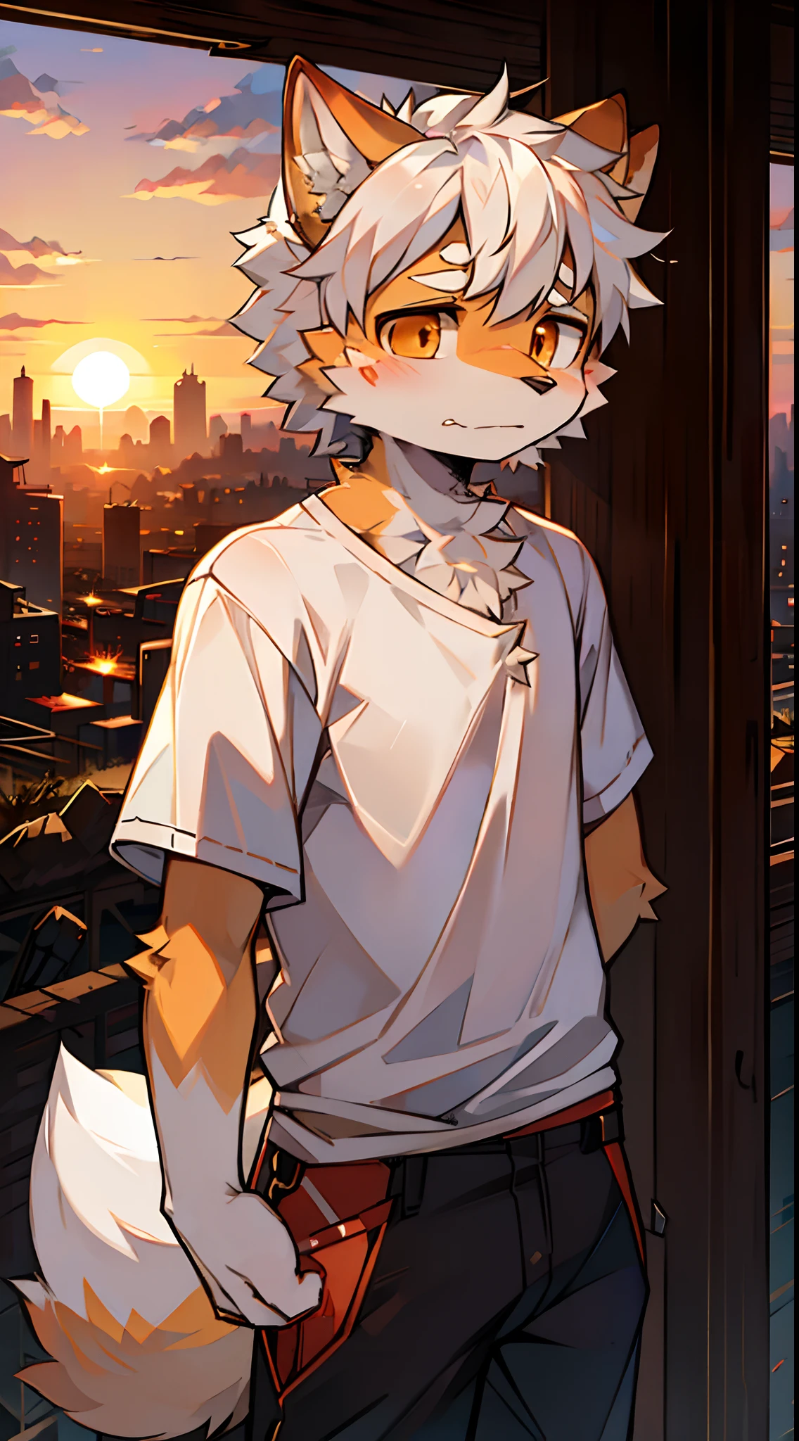 furry,fur,body fur,solo,male,(Sad face),((sunrise,horizon,abandon city far away)),short sleeves,character focus,face focus,white shirt,white hair, orange fur,orange eyes,BREAK,aoeu