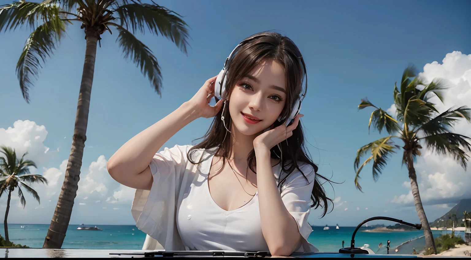 ((best qualtiy, 8K, tmasterpiece:1.3)), edgy:1.2, A beautiful woman with a perfect body:1.4, Slim Abs:1.2, ((Layered hairstyle, Big:1.5)), (Athens,the street:1.2),saturated:1.5,Highly detailed facial and skin texture,A detailed eye,Double eyelidd,Look at the camera sideways,open shirt,navels,exposed navel,Cover your chest with your hands,hands on breasts, Sunny weather, seaside, waves, palm tree, White tank top and ripped shorts, seaside, waves, palm tree, seaside, waves, palm tree, seaside, waves, palm tree, seaside, waves, palm tree,(Wear large headphones for DJs), (Woman manipulating DJ mix equipment), (Sorrisos), (Sorrisos), (Sorrisos)