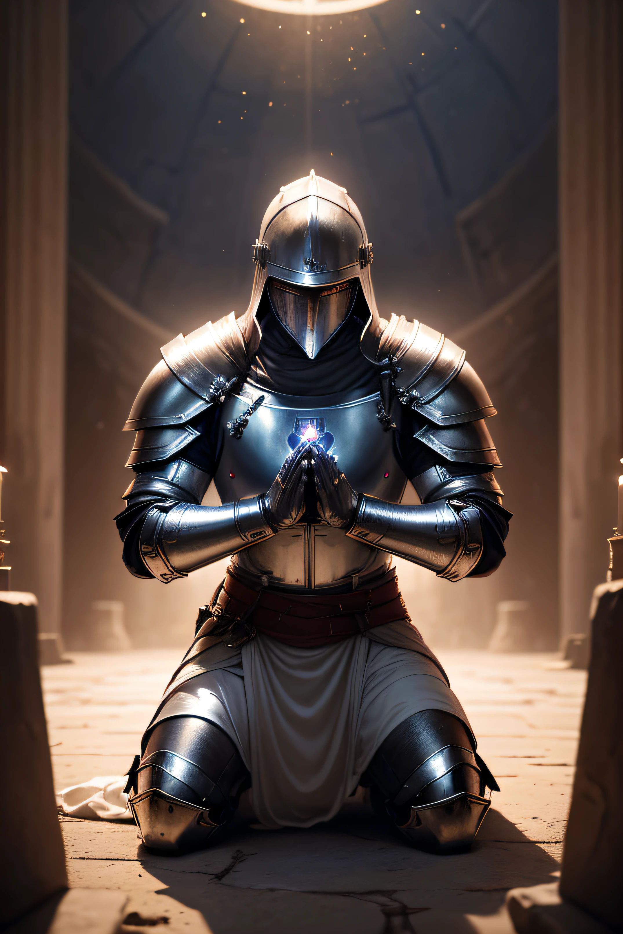 The image shows a Templar knight kneeling in prayer, surrounded by a circle of light. The knight is wearing full armor, but his helmet is off, revealing his face. He is looking up to the sky, with a look of peace and confidence on his face.