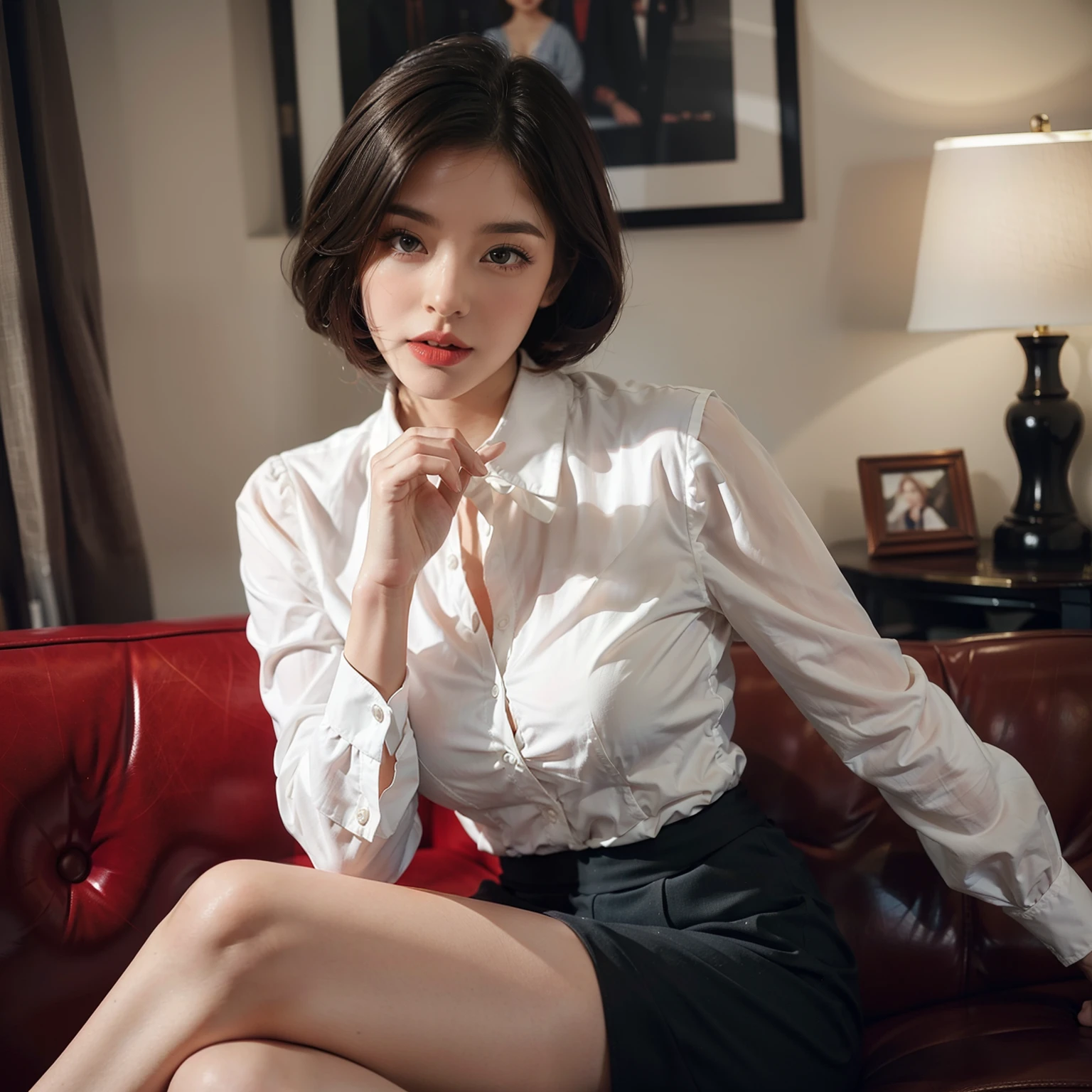 Mallory Malone's costume description is very detailed, Unique and interesting style. In a white long-sleeved blouse of your choice、A fitted black knee-length skirt with red accents creates a striking visual contrast. The addition of a black heel with ankle strap is、Adds a classy touch to the look. Apart from clothes, Vintage 1950s Bob Hairstyles、Adds a retro and timeless element to Mallory Malone's style. This type of hairstyle is、Known for its neat and short appearance, Typically、Jaw length with both ends turned inward. This hairstyle selection is、Add a vintage touch to the look、Complements Mallory's overall style. Makeup also plays an important role in the appearance of Mallory Malone. Although there are no specific details about makeup mentioned in the description, It is possible to imagine that she may be rocking a 1950s-inspired look.Happy,I see underwear,taking off shirt,Chest exposed,