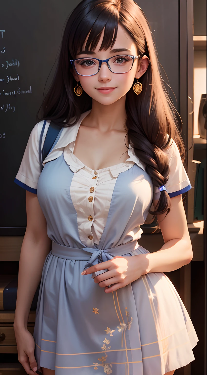 blue short dress, school uniform, very pretty European princess, wearing round glasses, portrait photo, beach, standing up straight, head and ankles straight, smiling, wearing earrings, 4k resolution, beautiful slim hands