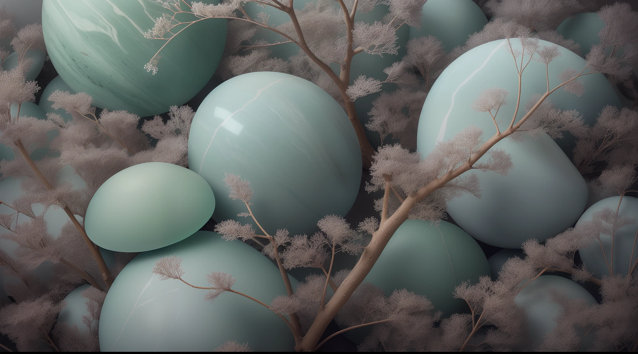 Plants, Snowflakes (Food Bar), Still Life, Winter, Peach Blossoms, Rock Garden, Bonsai Fog, Haze, Fine Details, Ultra Fine Details, Intricate Details, Film Style, Surrealist Soft Light, Studio Lighting, Diffuse Soft Light, Shallow Depth of Field, Sharp Focal Cluster, Ray Tracing, Subsurface Scattering, Ultra-detailed (Complex, Detailed, Ultra-Refined) Detail, Surrealism, (marble)