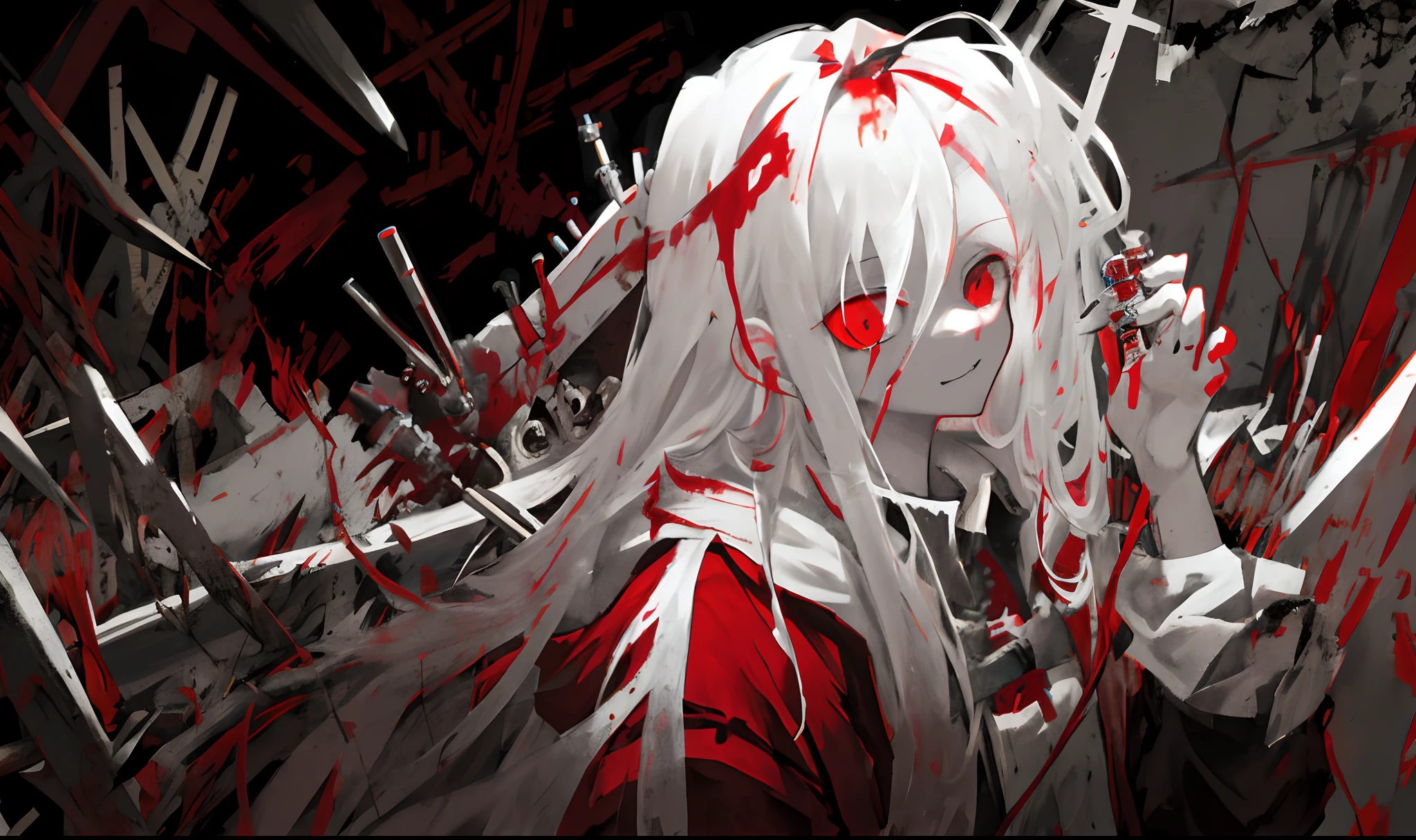 Long white hair，Red eyes，Boy student，blood stain，Hold the syringe in your hand，Doctor clothing，The psychopath smiles，mechanicalparts，  Failure effect， terroral， background inside dark， hyper realisitc， eerie， unnerving， spine-chilling， terroral