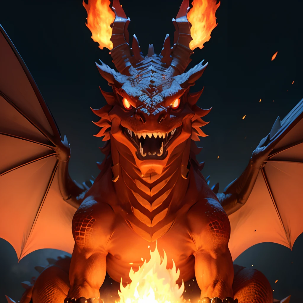 fire dragon, escamas vermelhas, dentes grandes, cauda pontuda