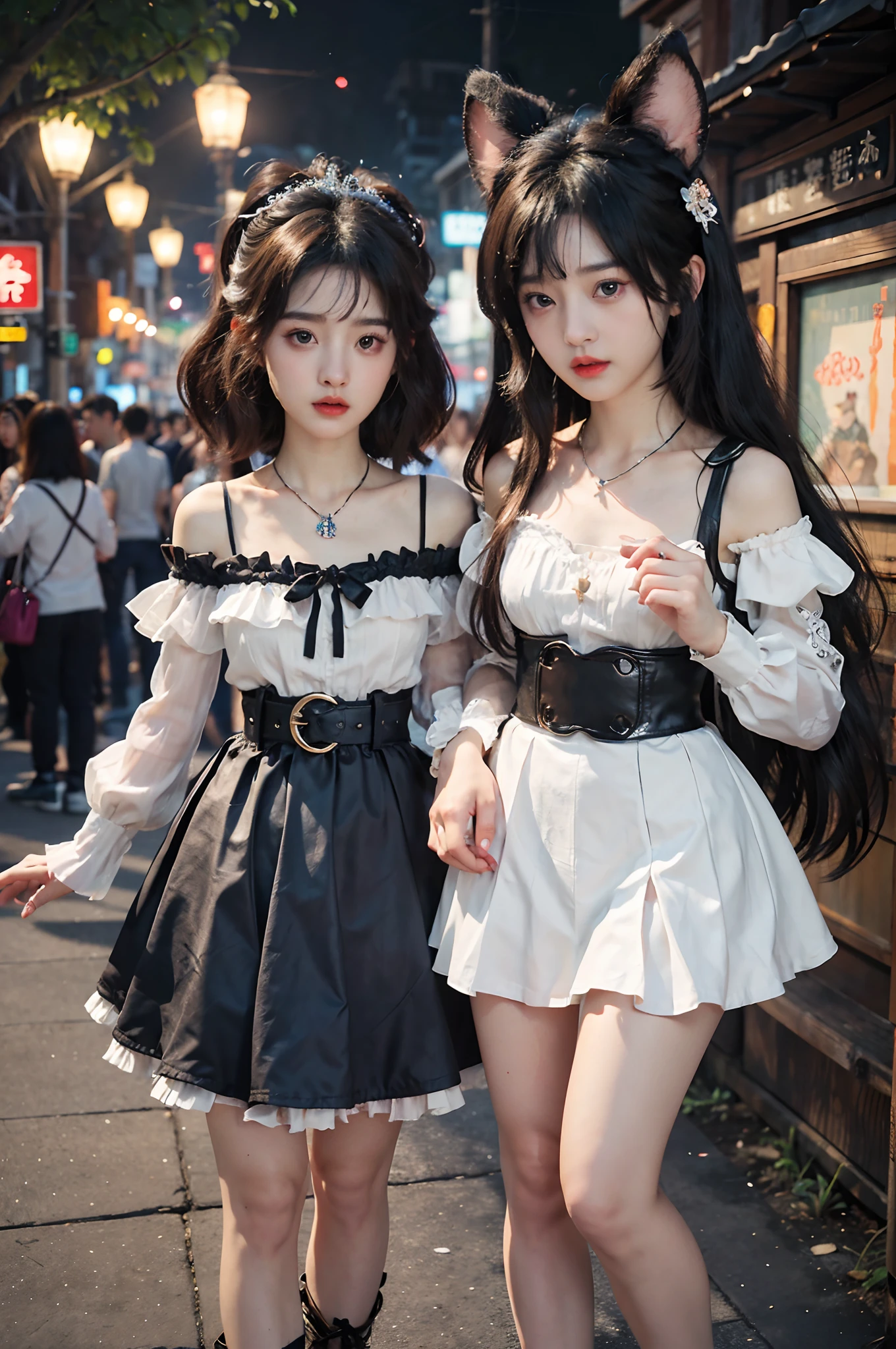 Best quality, Masterpiece, Extremely detailed, high resolution, 4K, 超高分辨率, Detailed shadows, Perfect light and shadow,duo, Two girls in trendy costumes taking selfies on the street, Fantasy world,colorful pigtail, anime cosplaying, Anime style mixed with Fujifilm, Cute, big laughter, , Sexy,(Alebriès Art Style),PureErosFace_V1,Urzang-6500-V1 Edition.1,fantasyoutfit,The princess's eyes widened,Necklace of dreams,Fantastic ribbons,Dream rings,Fantastic jewelry,Fantastic hair accessory,Dream belt,Studio light,