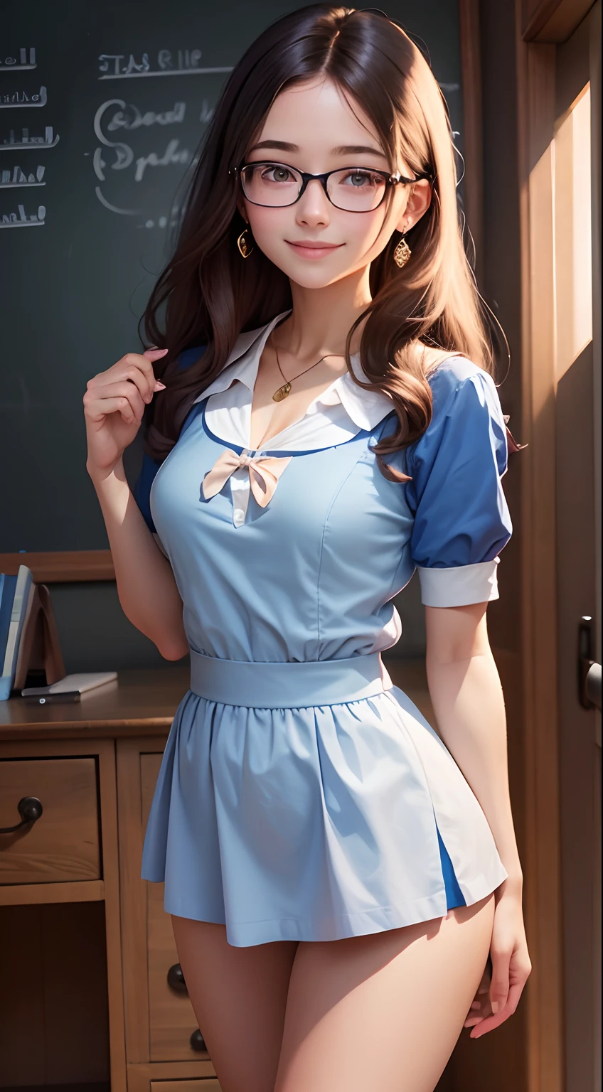 blue short dress, school uniform, very pretty European princess, wearing round glasses, portrait photo, beach, standing up straight, head and ankles straight, smiling, wearing earrings, 4k resolution, beautiful slim hands