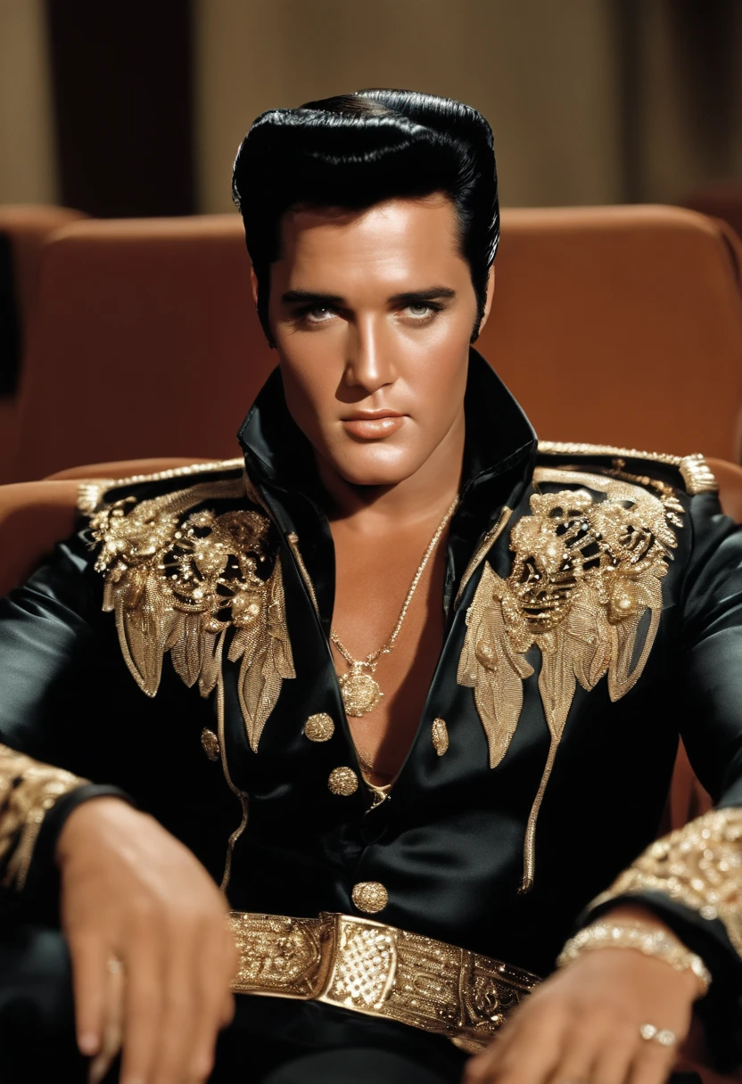Elvis Presley com uma jaqueta preta sentado em um trono como rei, assistindo a entrega de carteiras na OAB,  bad boy, elvis presley estiloso, detalhes de roupas, textura 8k, 8k, detalhes insanos, detalhes complexos, hiperdetalhados altamente detalhados, realistas, soft  Cinematic Light, HDR, foco nítido, ((((cinematic visual)))), intrincado, elegante, altamente detalhado, background an auditorium of the OAB.