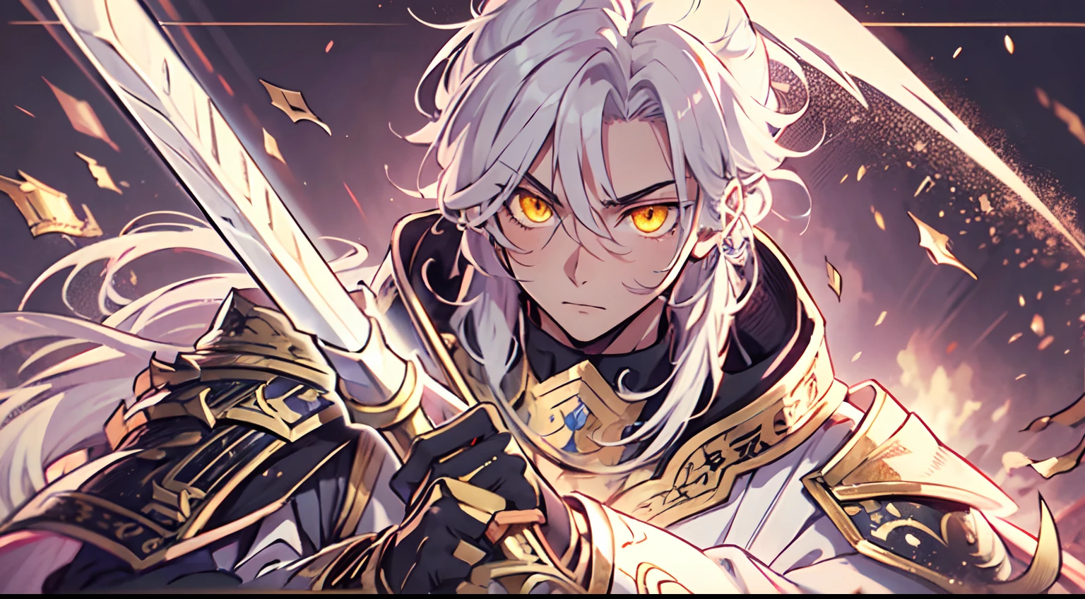1 Boy, Xin From Kingdom Anime, Armored With Golden Samurai Armor With A Cape, Ultra High Definition, 8k, Handsome, Black And Yellow Pupil Eyes, Long White Hair, Ancient Kingdom Background, Extremely Detailed, Holding A Long Spear,
