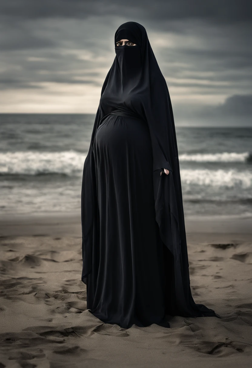 9 woman, wearing hijab, tight clothes, full body, 8k, high resolution, on the beach, surrounded by pregnant women wearing hijabs, big breast and big pregnant belly, face witouh mask and see on me.