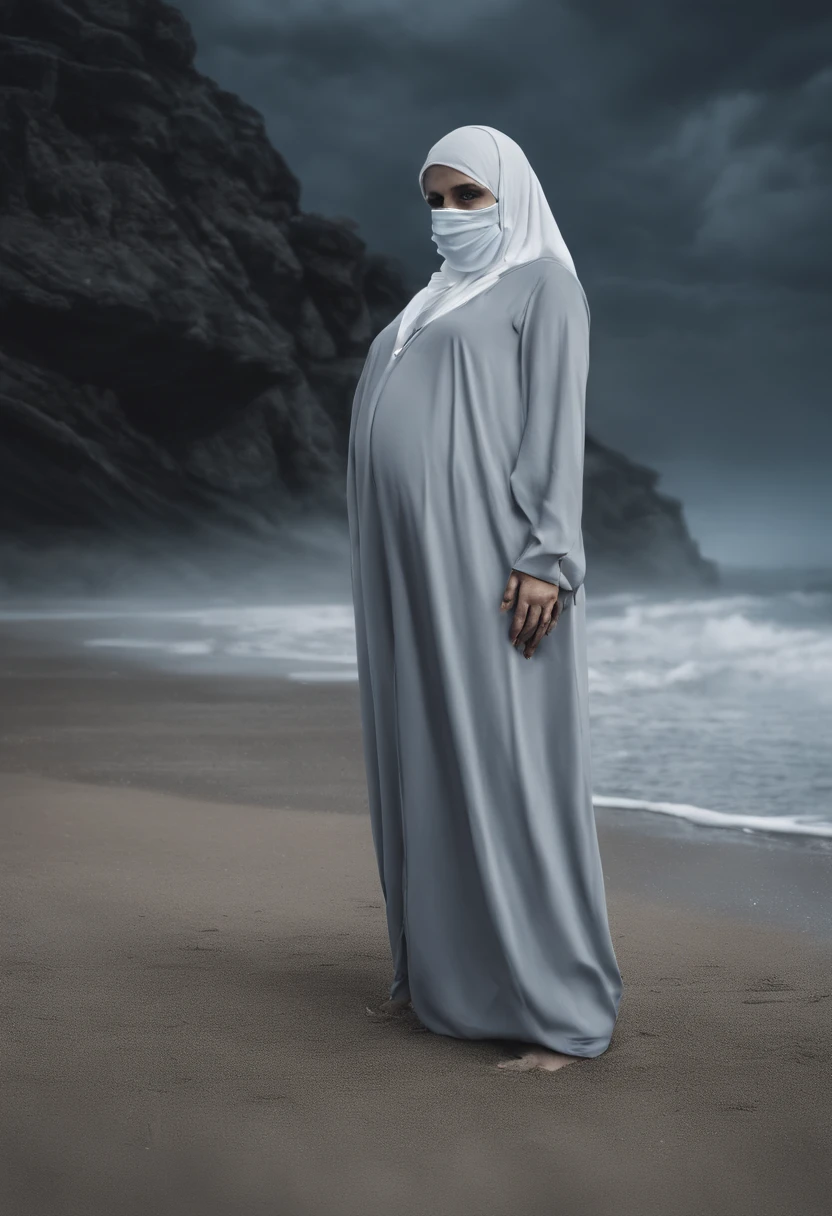 9 woman, wearing hijab, tight clothes, full body, 8k, high resolution, on the beach, surrounded by pregnant women wearing hijabs, big breast and big pregnant belly, face witouh mask and see on me.