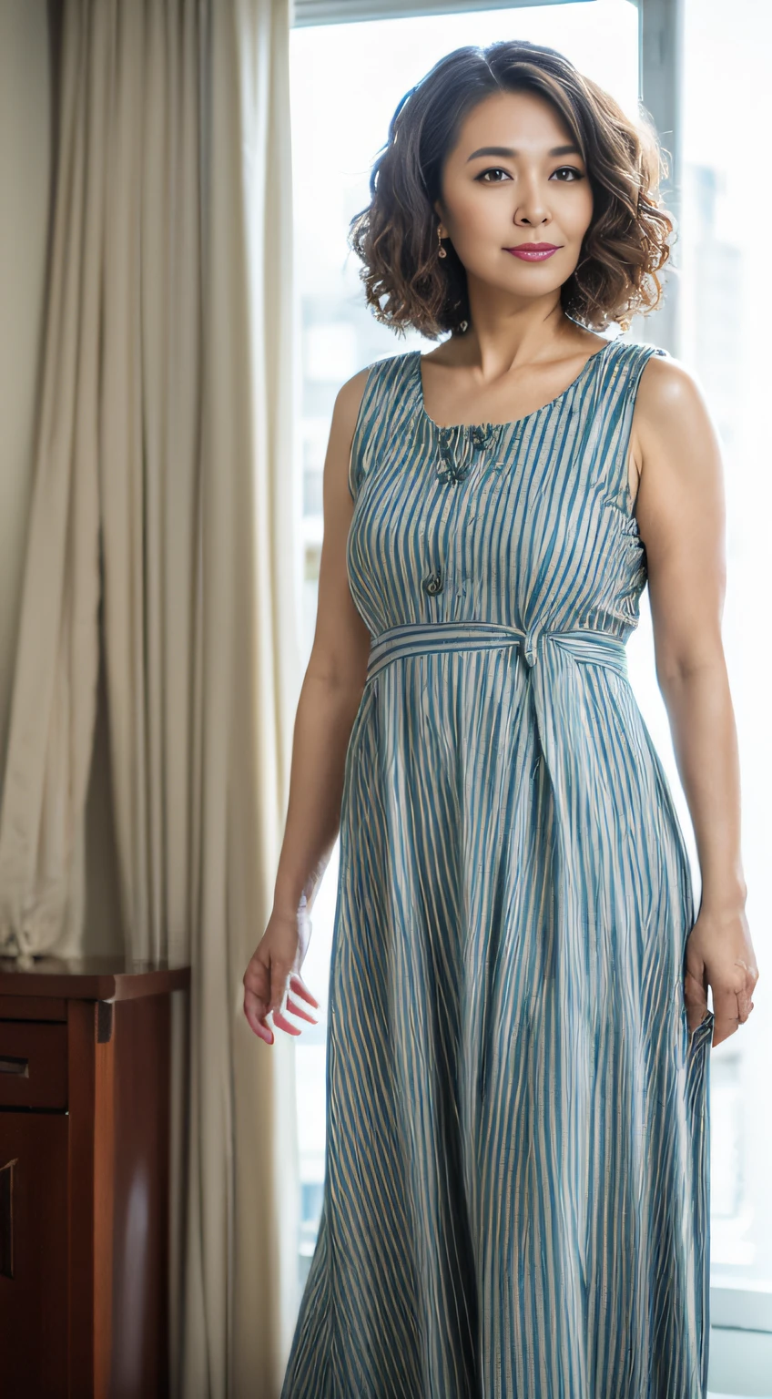 ((Best quality, 8K, Masterpiece, Portrait: 1.3)), (View viewers), Photorealism, Sharp focus, Solo, Chinese Moro Islamic Liberation Front, Beauty, 28 years old, Curly hair, Chiffon dress ((Walking)), Room,