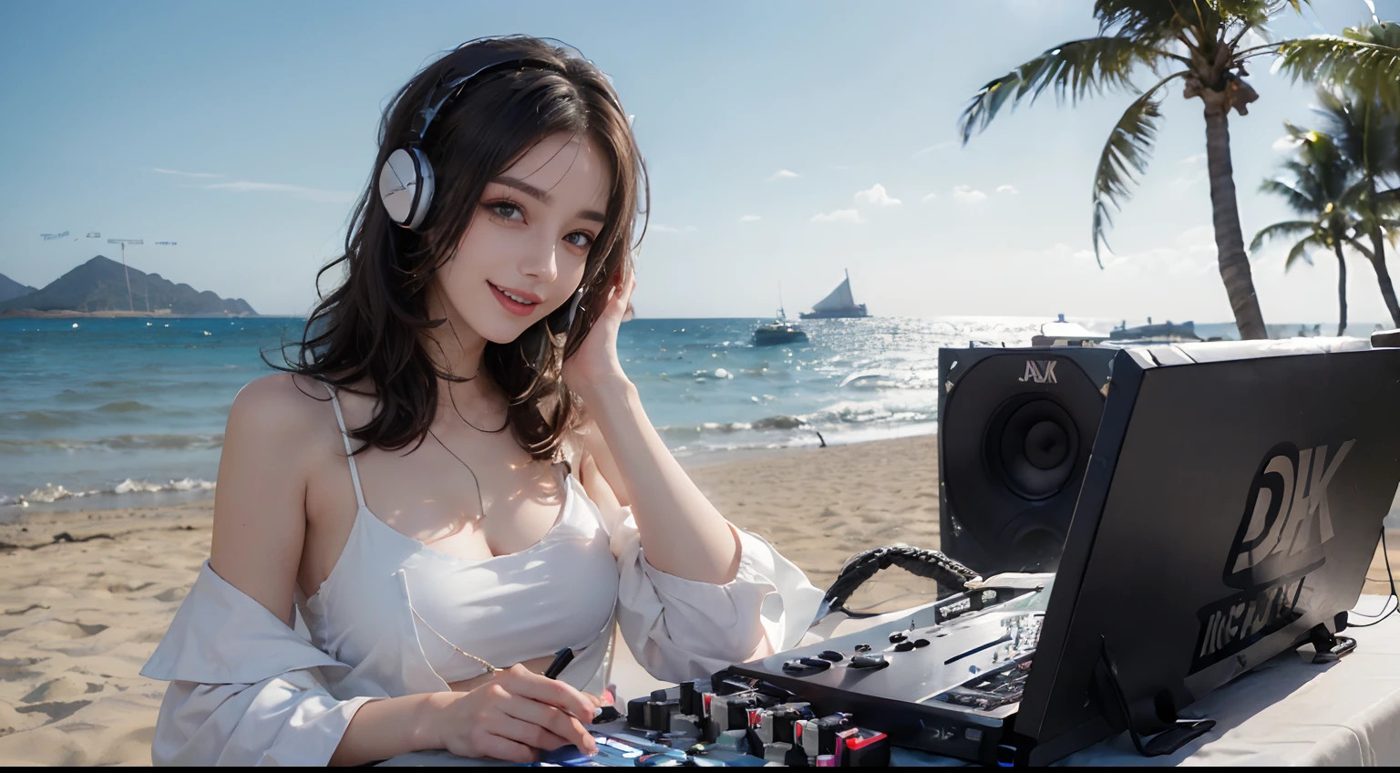 ((best qualtiy, 8K, tmasterpiece:1.3)), edgy:1.2, A beautiful woman with a perfect body:1.4, Slim Abs:1.2, ((Layered hairstyle, Big:1.5)), (Athens,the street:1.2),saturated:1.5,Highly detailed facial and skin texture,A detailed eye,Double eyelidd,Look at the camera sideways,open shirt,navels,exposed navel,Cover your chest with your hands,hands on breasts, Sunny weather, seaside, waves, palm tree, White tank top and ripped shorts, seaside, waves, palm tree, seaside, waves, palm tree, seaside, waves, palm tree, seaside, waves, palm tree,(Wear large headphones for DJs), (Woman manipulating DJ mix equipment), (Sorrisos), (Woman manipulating DJ mix equipment),, (Sorrisos), (Woman manipulating DJ mix equipment), (Sorrisos)