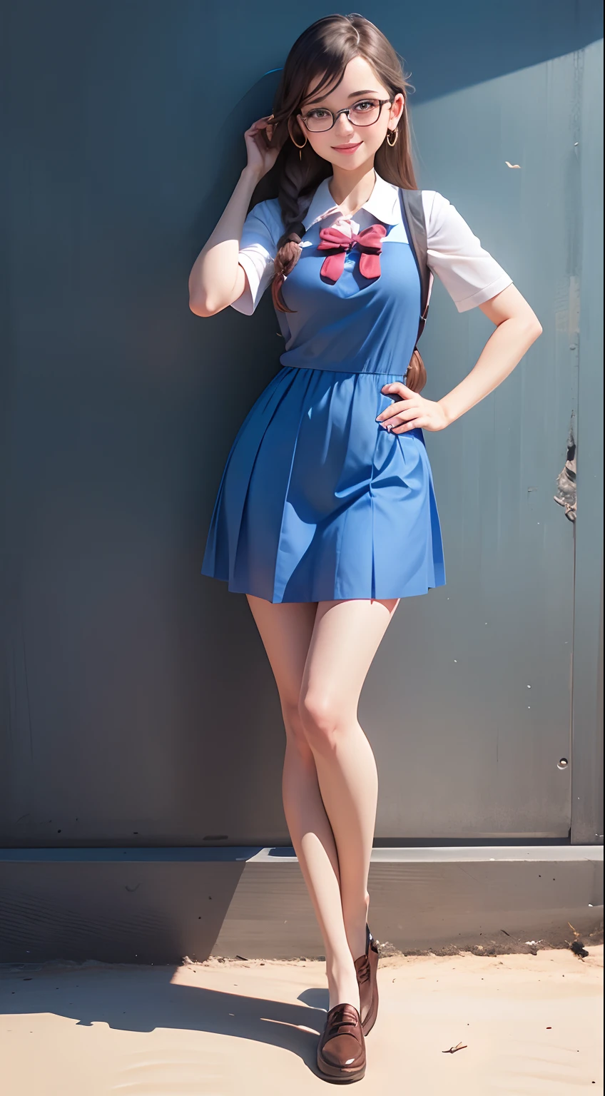 Blue Short Dress, School uniform, Very cute European princess, wearing round glasses, portrait photo, Beach, Stand up straight, Head and ankles straight, Smiling, Wearing earrings, 4K resolution, Beautiful slim hands