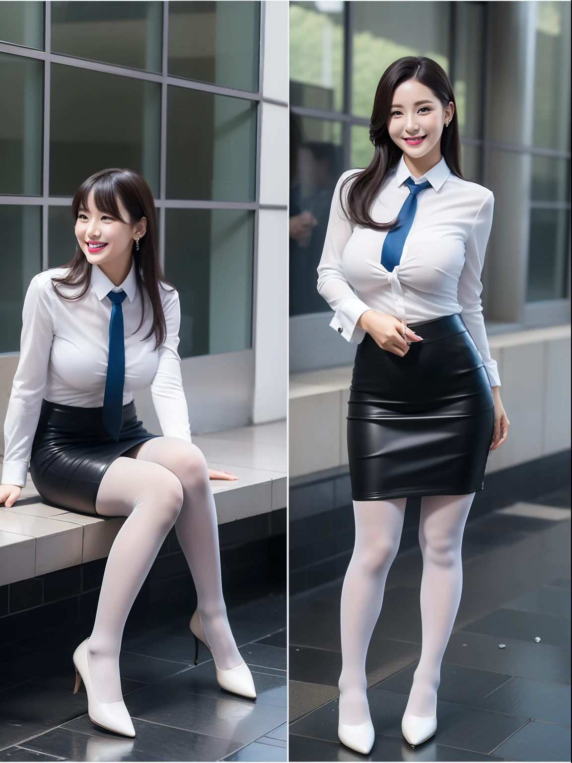 1womanl、​masterpiece、top-quality、Shirt、neck tie、Black Pencil Skirt/Deep slit、big breasts 
White  pantyhose、Very heavy rain、huge smile、sit with your legs open from side to side、crotch accentuation、Wet crotch、