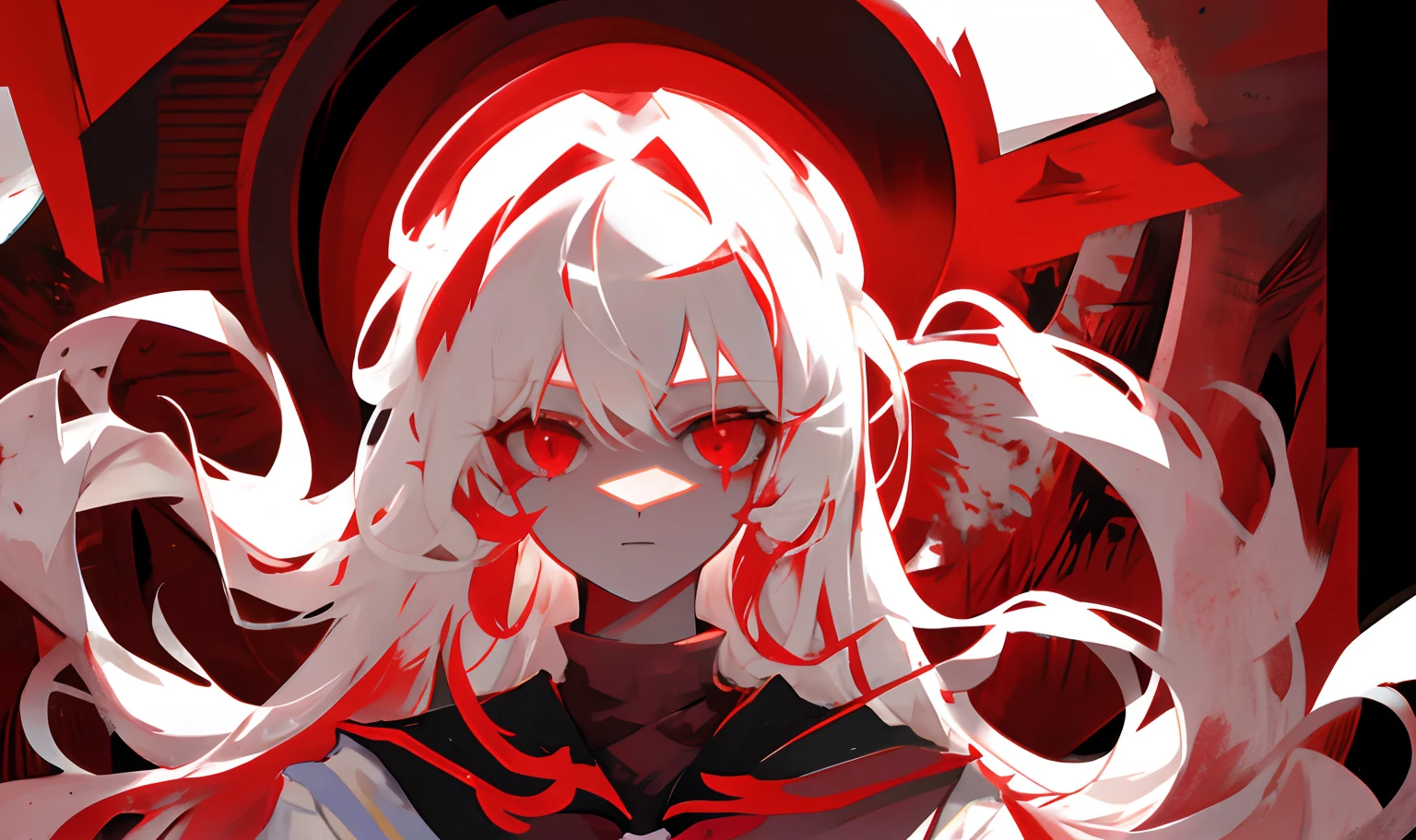 Long white hair，Red eyes，Boy student，blood stain，severed heads，Vignetting