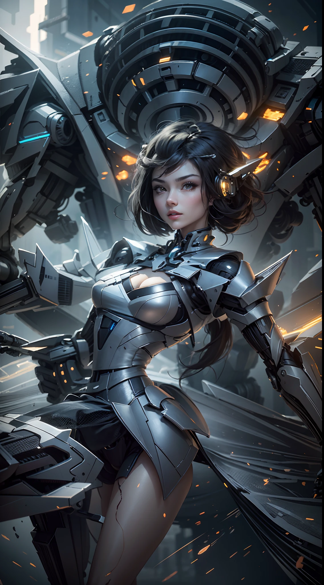 (Best Quality)), ((Masterpiece)), (Very Detailed: 1.3), 3D, master chef-mecha, Beautiful cyberpunk woman wearing crown, with master chef style armor, sci-fi technology, HDR (High Dynamic Range), ray tracing, nvidia RTX, super resolution, unreal 5, subsurface scattering, PBR texture, post-processing, anisotropic filtering, depth of field, maximum sharpness and sharpness, multi-layer texture, Specular and albedo mapping, surface shading, accurate simulation of light-material interactions, perfect proportions, octane rendering, duotone lighting, low ISO, white balance, rule of thirds, wide aperture, 8K RAW, high efficiency subpixels, subpixel convolution, light particles, light scattering, Tyndall effect, very sexy, full body, battle pose, black hair with braids,