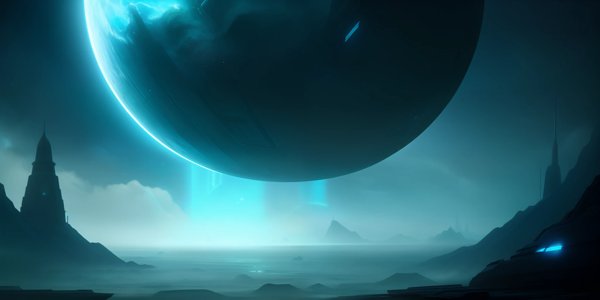 a close up of a very tall tower in a very dark area, closeup cinematic aquatic scene, a still of an ethereal, atmospheric establishing shot, detailed cinematic shot, blue - turquoise fog in the void, cinematic scifi shot, 2 0 2 1 cinematic 4 k framegrab, inspired by Christopher Balaskas, shot from cinematic, stardestroyer in the background